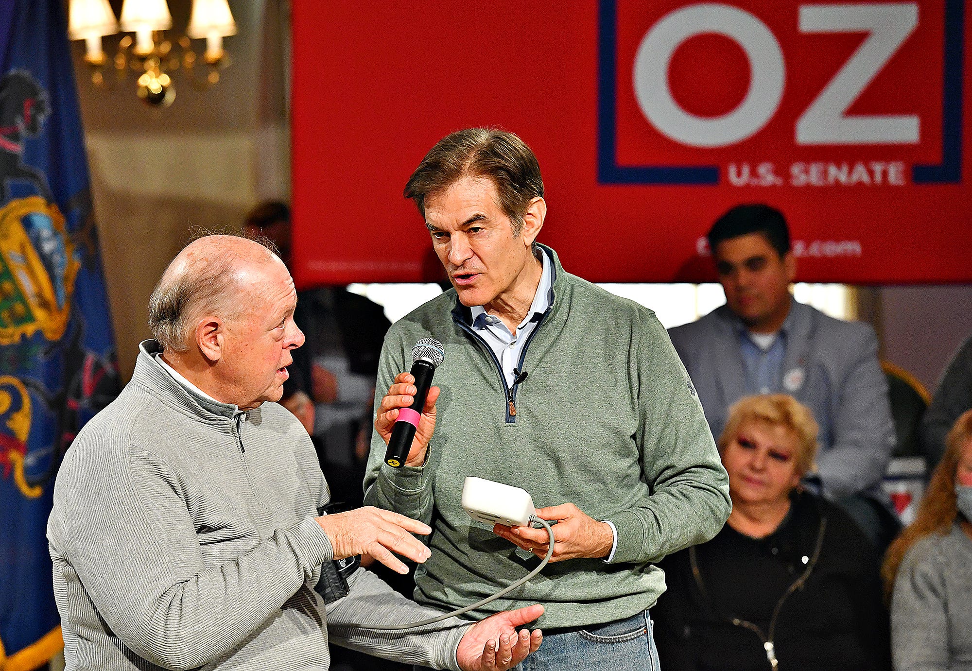 Dr. Mehmet Oz, right, and Gary Sutton, of WSBA Morning News, during the fourth stop along the Doctor Oz for Senate campaign trail, at Wisehaven Event Center in Windsor Township, Saturday, Feb. 5, 2022. Dawn J. Sagert photo