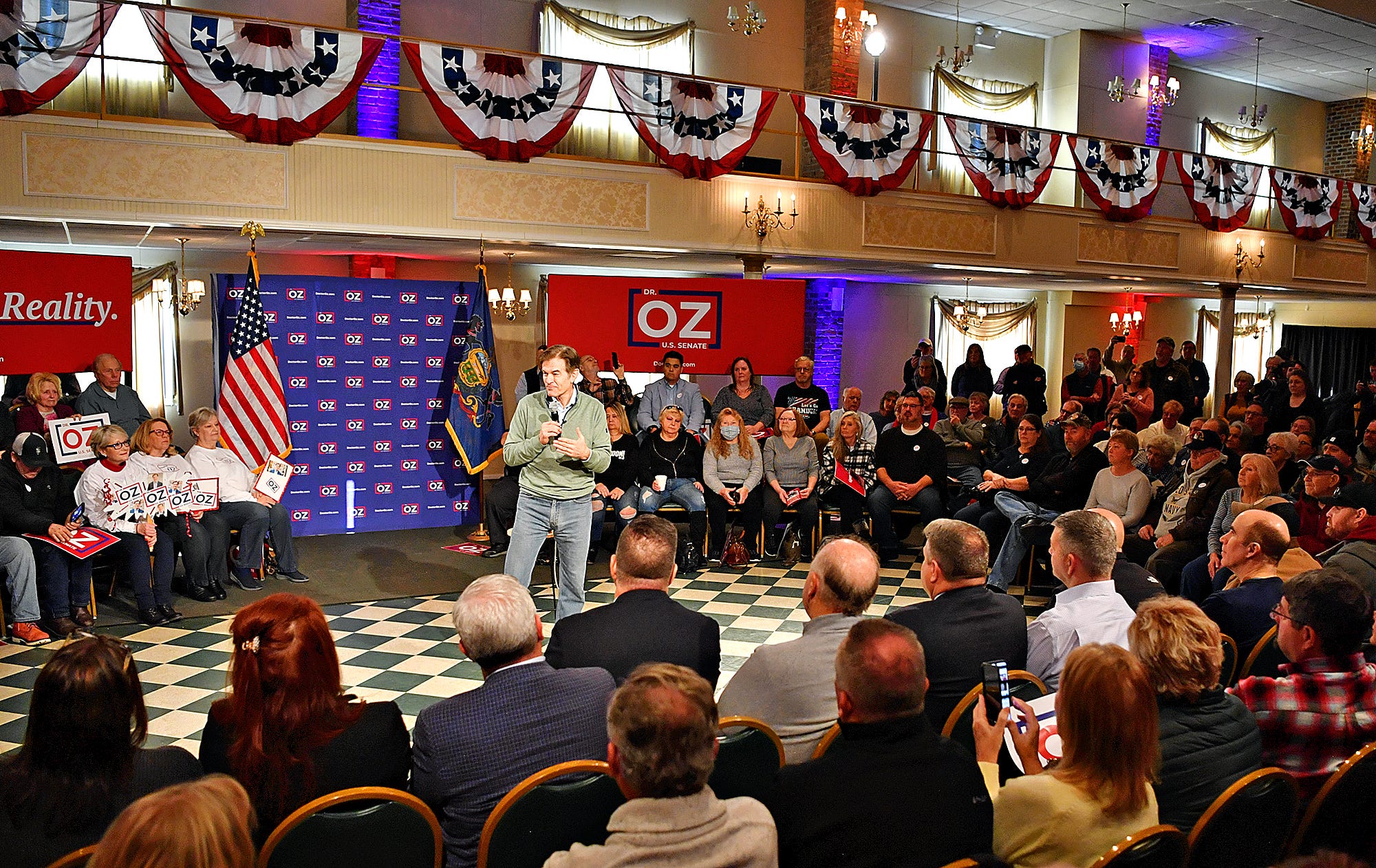 Event organizers estimate a crowd of 350 gather in support of Dr. Mehmet Oz as he makes his fourth campaign stop, for the Pennsylvania U.S. Senate seat resigned by U.S. Sen. Pat Toomey, at Wisehaven Event Center in Windsor Township, Saturday, Feb. 5, 2022. Dawn J. Sagert photo