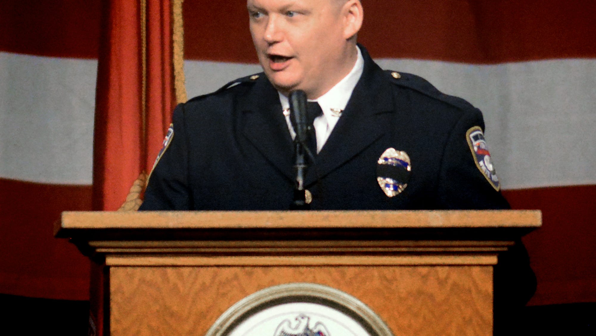 York City Police Chief Troy Bankert speaks during the memorial service for Alex Sable, a York City Police Officer and former Marine, at Utz Arena Friday, May 18, 2018. Sable was participating in a SWAT tactical training exercise Sunday, May 6, in Baltimore County, Maryland, when he suffered cardiac arrest. About 1,000 people, including law enforcement and fire personnel, attended the service. Bill Kalina photo