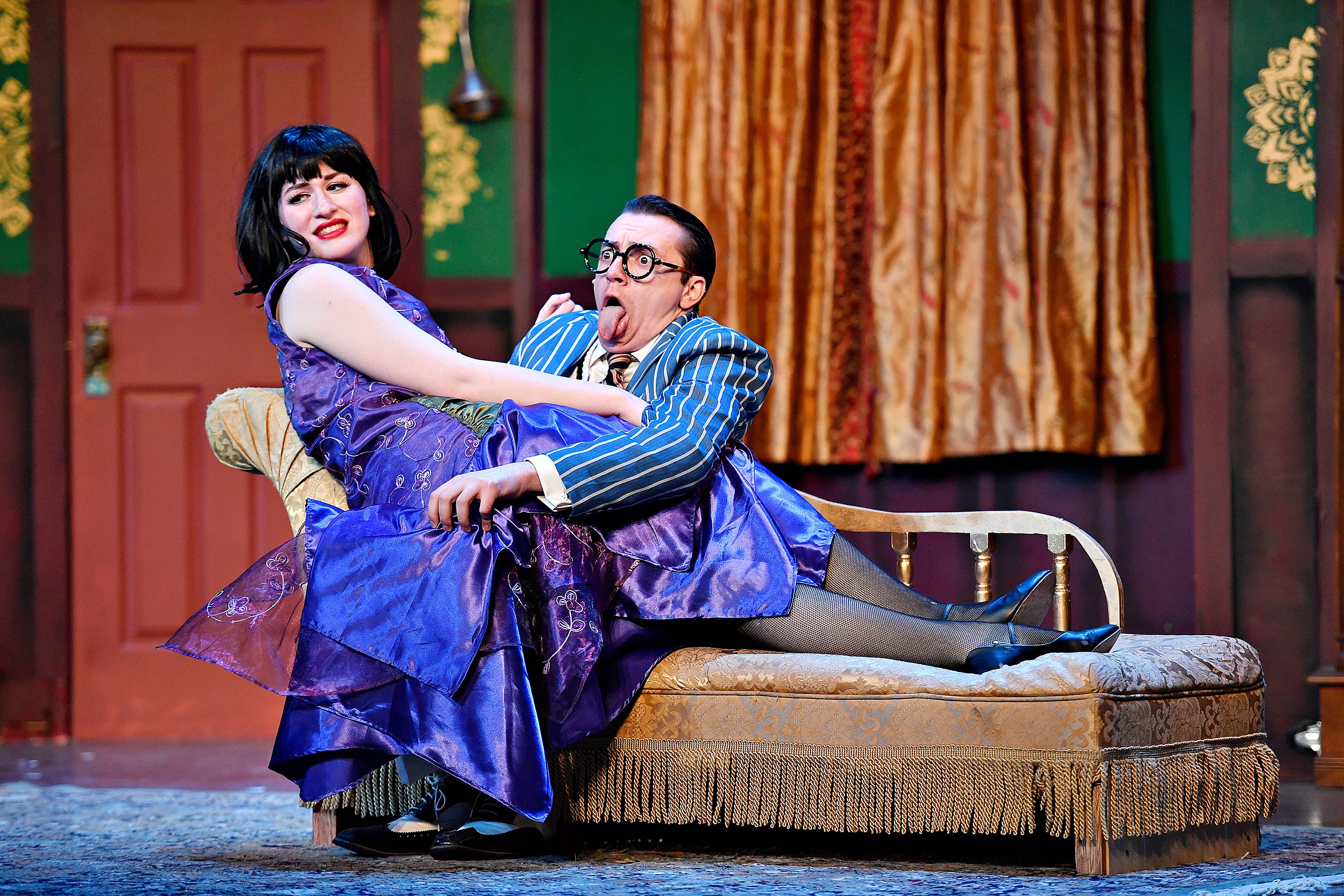 Florence Collleymore (Makaley Warner), left, and Max Bennett as Cecil Haversham (Tree Layton Zuzzio) during dress rehearsal for The Play That Goes Wrong at The Belmont Theatre in Spring Garden Township, Wednesday, April 17, 2024. The show runs April 19-21, 25-28. For details, go to www.thebelmont.org. (Dawn J. Sagert/The York Dispatch)