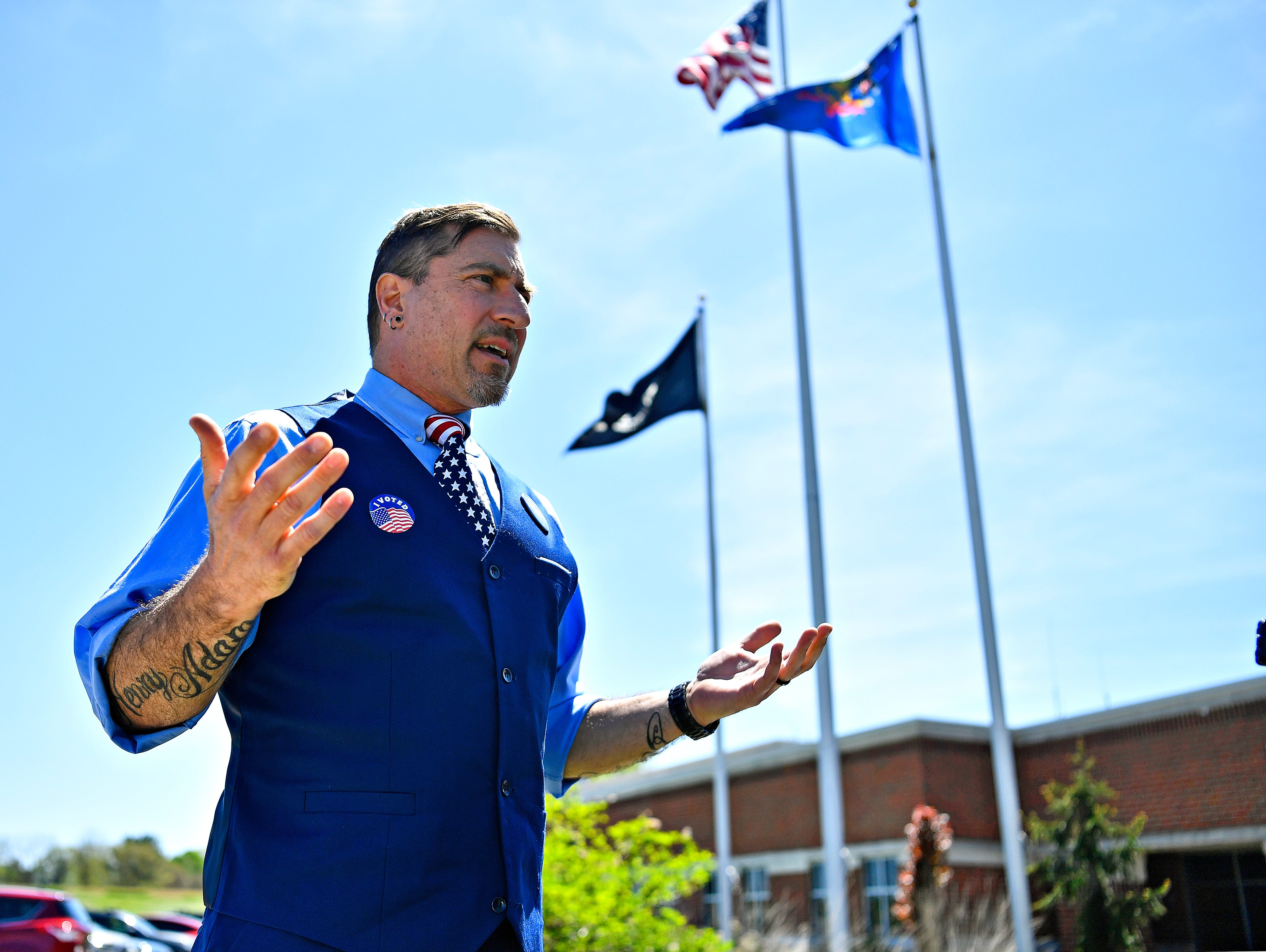 Mark Temons, Democratic candidate for State Senate, is shown outside of the Manchester Township Building during Primary Election Day in Manchester Township, Tuesday, April 23, 2024. (Dawn J. Sagert/The York Dispatch)