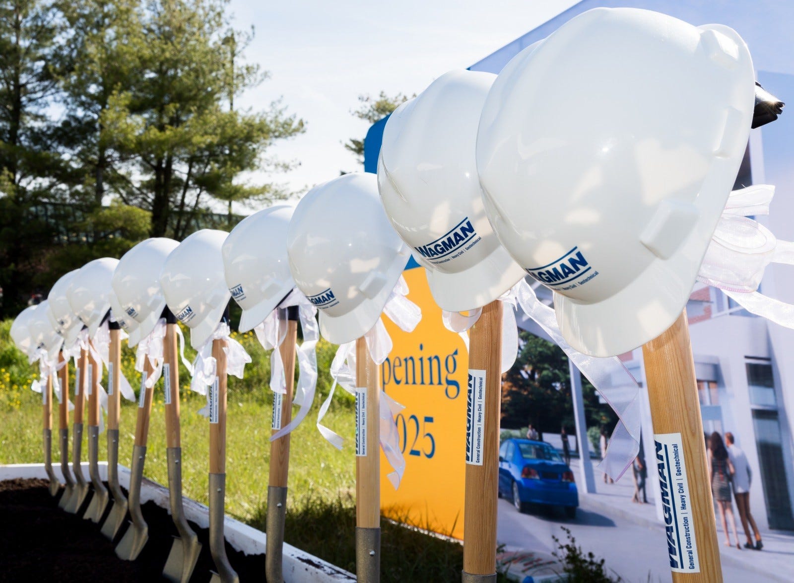 Hard hats and shovels waiting to be used during WellSpan's groundbreaking in Shrewsbury April 23, 2024.
