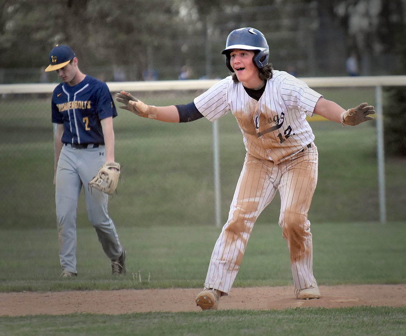 West York's Noah Steigleman (12) reacts during a York-Adams Division III baseball game against Littlestown on Wednesday, April 24, 2024, at Sunset Lane Park in West Manchester Township. West York walked off with an 11-10 win in nine innings.