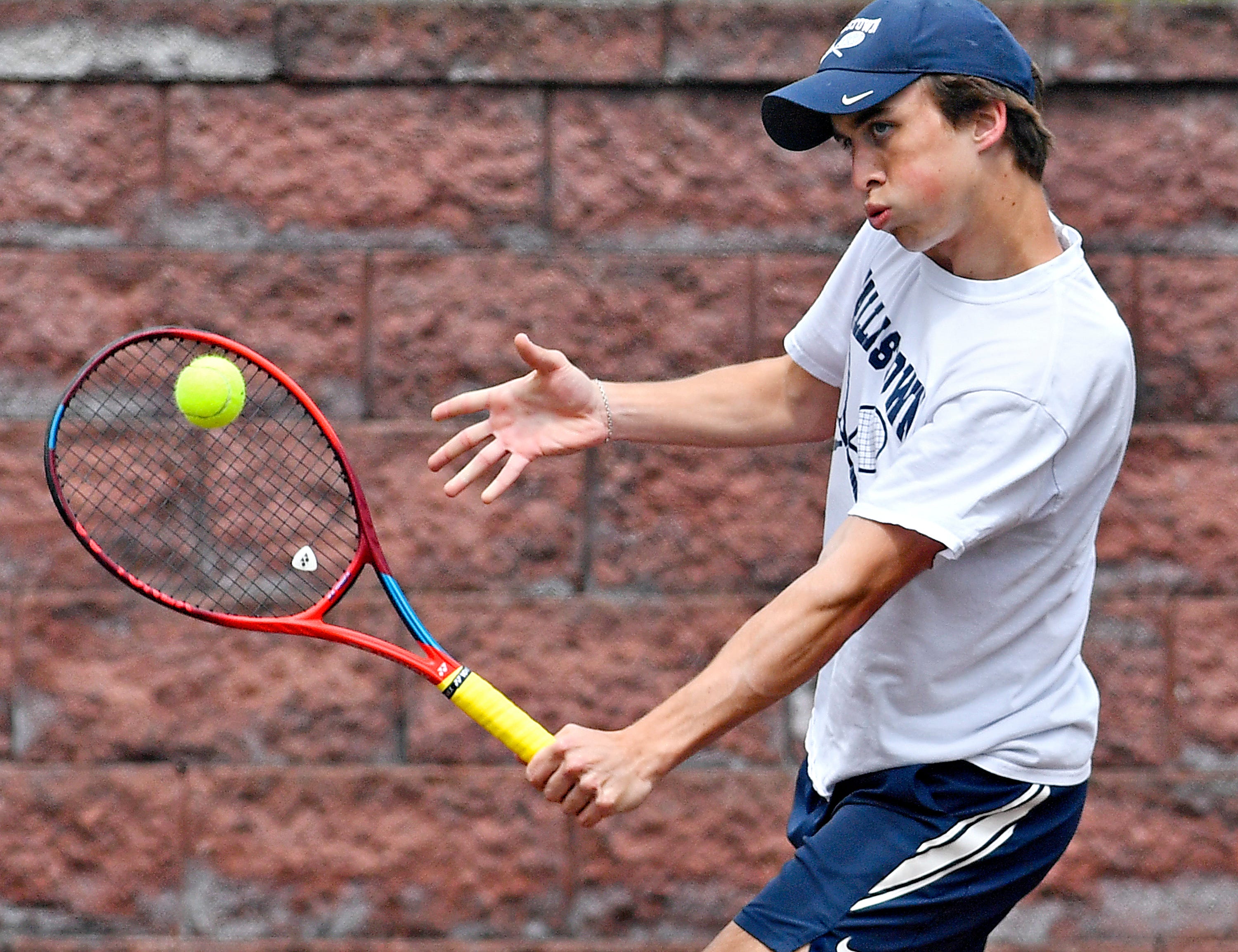 Dallastown’s Hayden Koons during YAIAA boys’ 3A singles tennis tournament action at Red Lion Area Senior High School in Red Lion, Thursday, April 25, 2024. (Dawn J. Sagert/The York Dispatch)