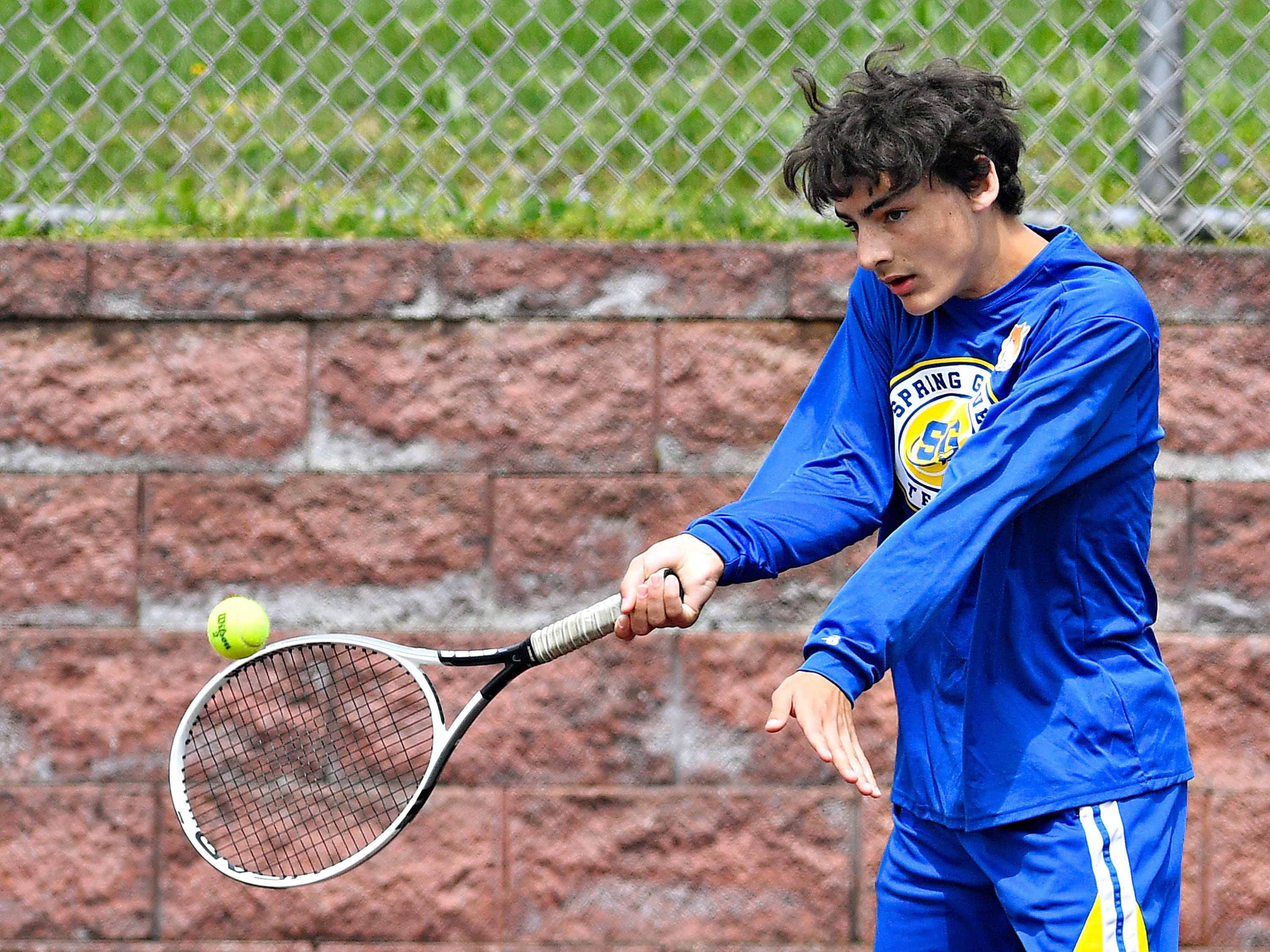 Spring Grove’s Gio Roeser during YAIAA boys’ 3A singles tennis tournament action at Red Lion Area Senior High School in Red Lion, Thursday, April 25, 2024. (Dawn J. Sagert/The York Dispatch)