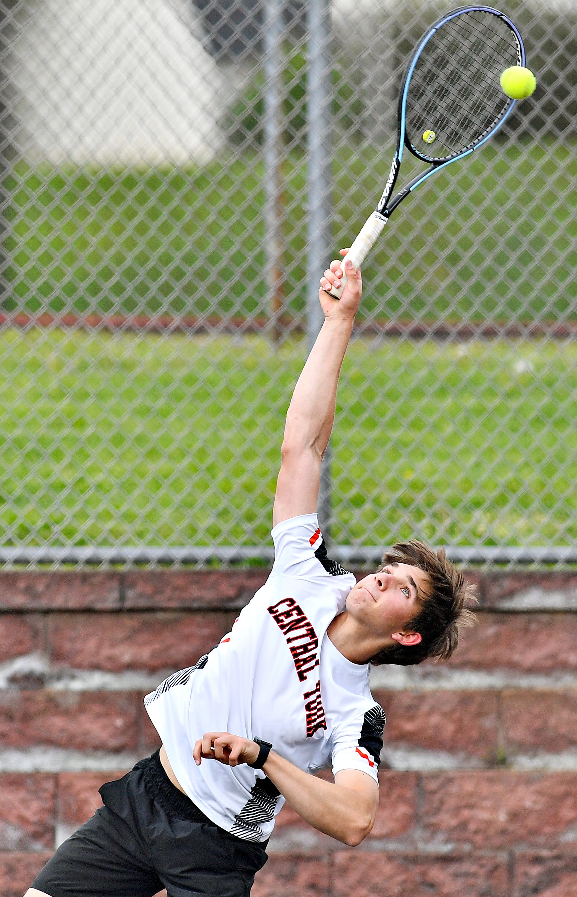 Central York’s Joshua Haupt during YAIAA boys’ 3A singles tennis tournament action at Red Lion Area Senior High School in Red Lion, Thursday, April 25, 2024. (Dawn J. Sagert/The York Dispatch)