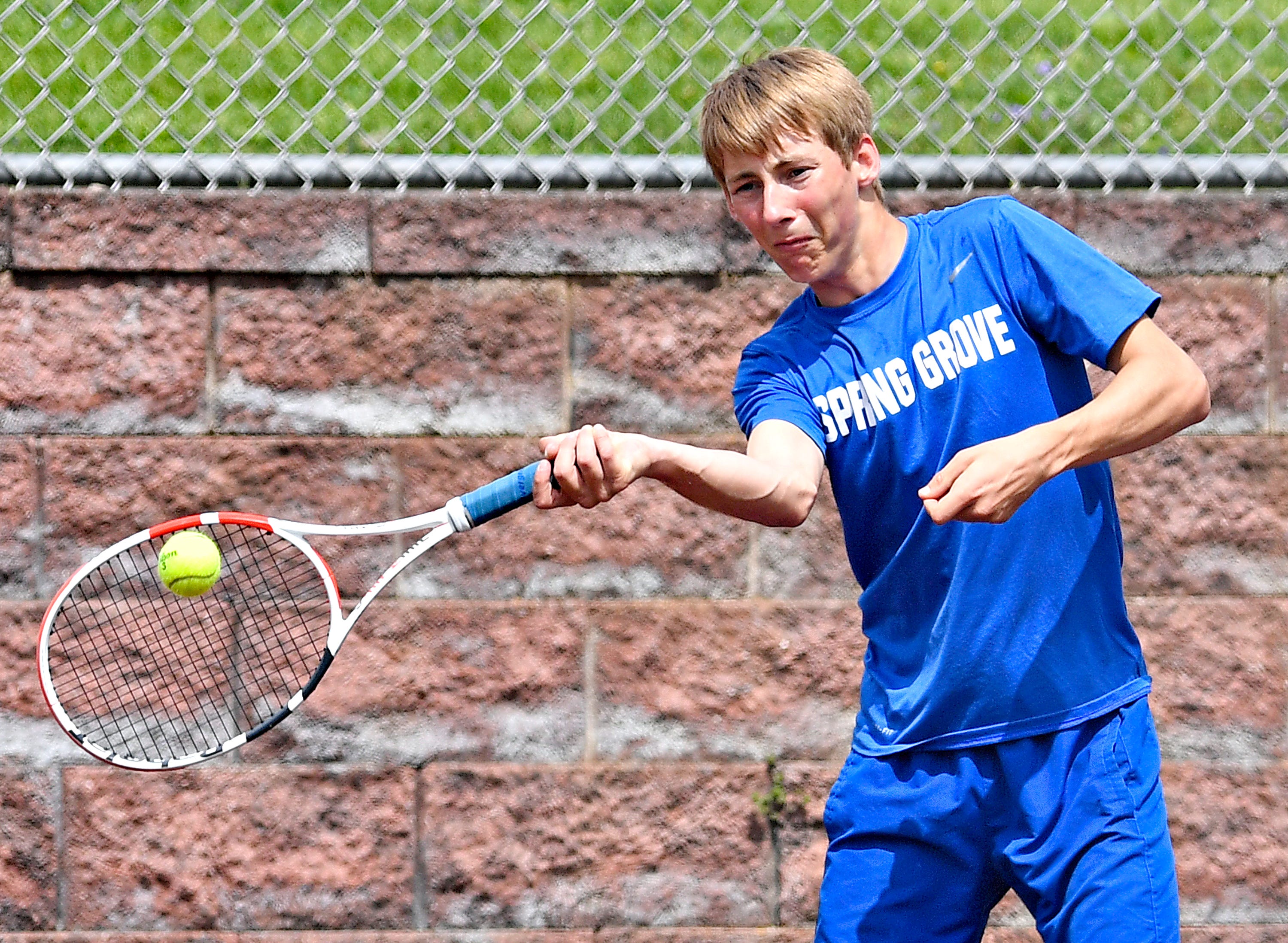 Spring Grove’s James Raub during YAIAA boys’ 3A singles tennis tournament action at Red Lion Area Senior High School in Red Lion, Thursday, April 25, 2024. (Dawn J. Sagert/The York Dispatch)