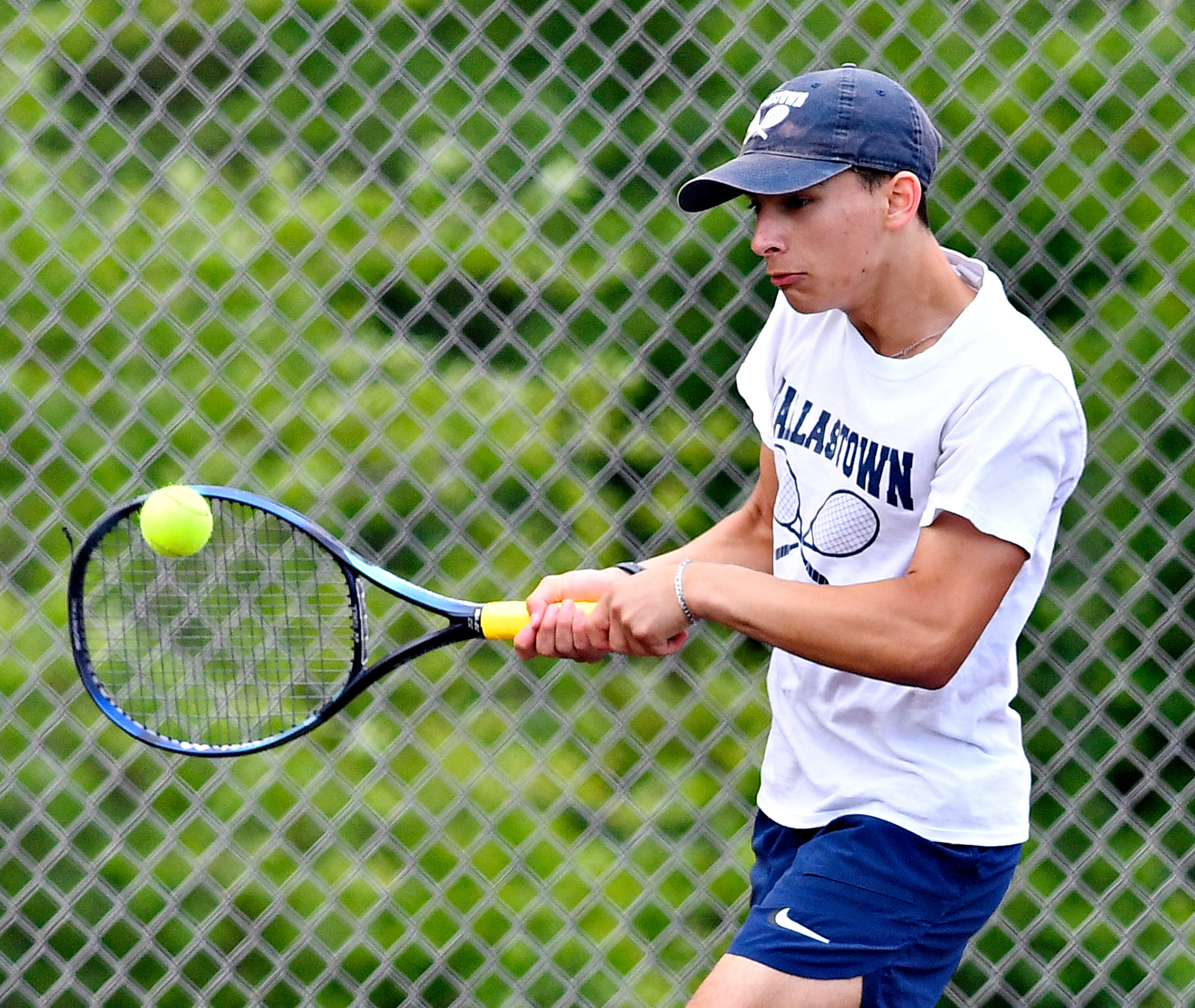 Dallastown’s Ian Opitz during YAIAA boys’ 3A singles tennis tournament action at Red Lion Area Senior High School in Red Lion, Thursday, April 25, 2024. (Dawn J. Sagert/The York Dispatch)