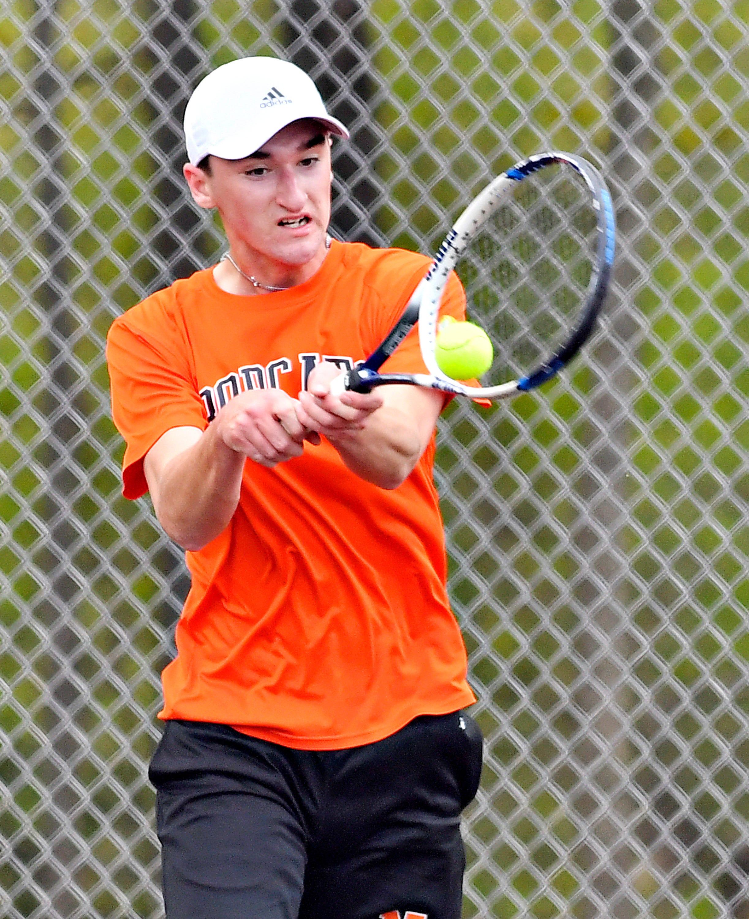 Northeastern’s Evan Merrill during YAIAA boys’ 3A singles tennis tournament action at Red Lion Area Senior High School in Red Lion, Thursday, April 25, 2024. (Dawn J. Sagert/The York Dispatch)