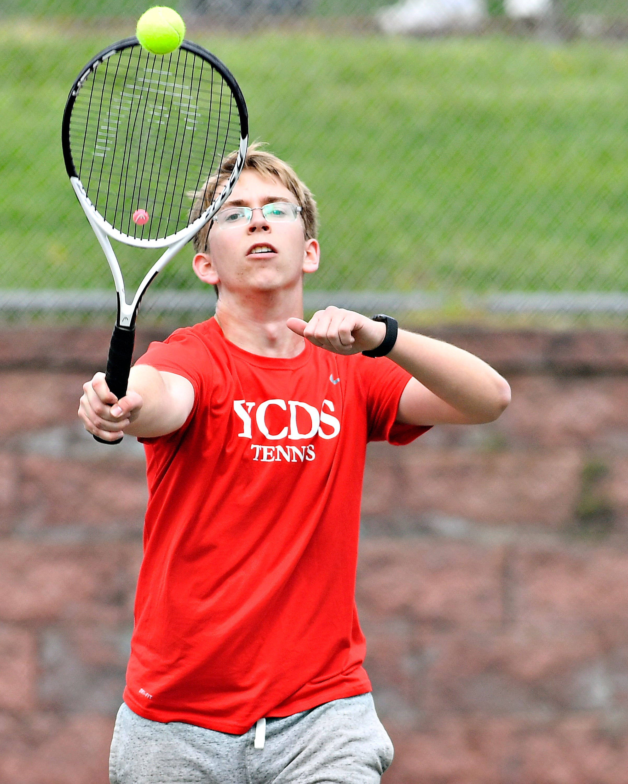 York Country Day’s Cameron Croom during YAIAA boys’ 3A singles tennis tournament action at Red Lion Area Senior High School in Red Lion, Thursday, April 25, 2024. (Dawn J. Sagert/The York Dispatch)