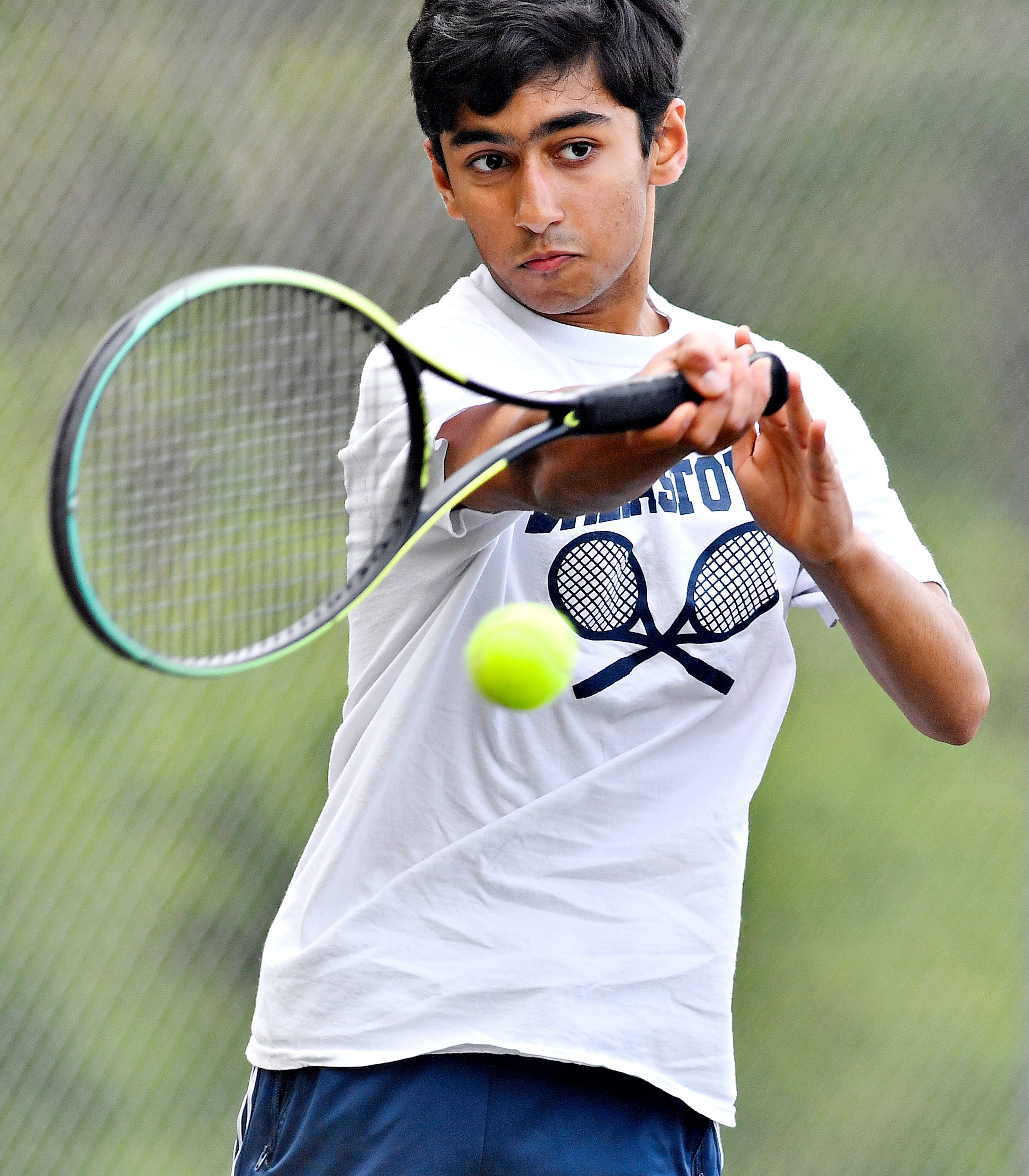 Dallastown’s Nirvan Joshi during YAIAA boys’ 3A singles tennis tournament action at Red Lion Area Senior High School in Red Lion, Thursday, April 25, 2024. (Dawn J. Sagert/The York Dispatch)