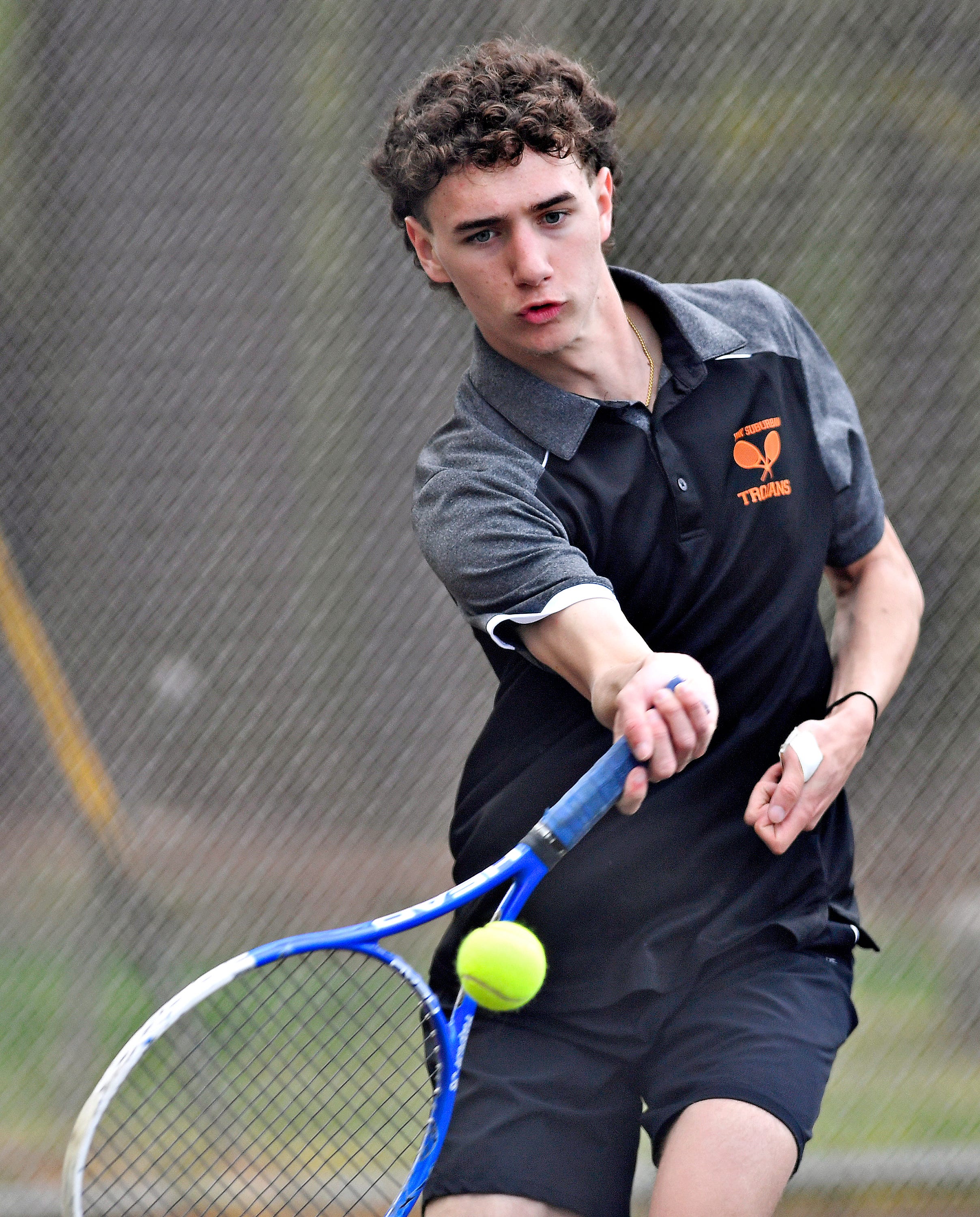 York Suburban’s Caden Hall during YAIAA boys’ 3A singles tennis tournament action at Red Lion Area Senior High School in Red Lion, Thursday, April 25, 2024. (Dawn J. Sagert/The York Dispatch)