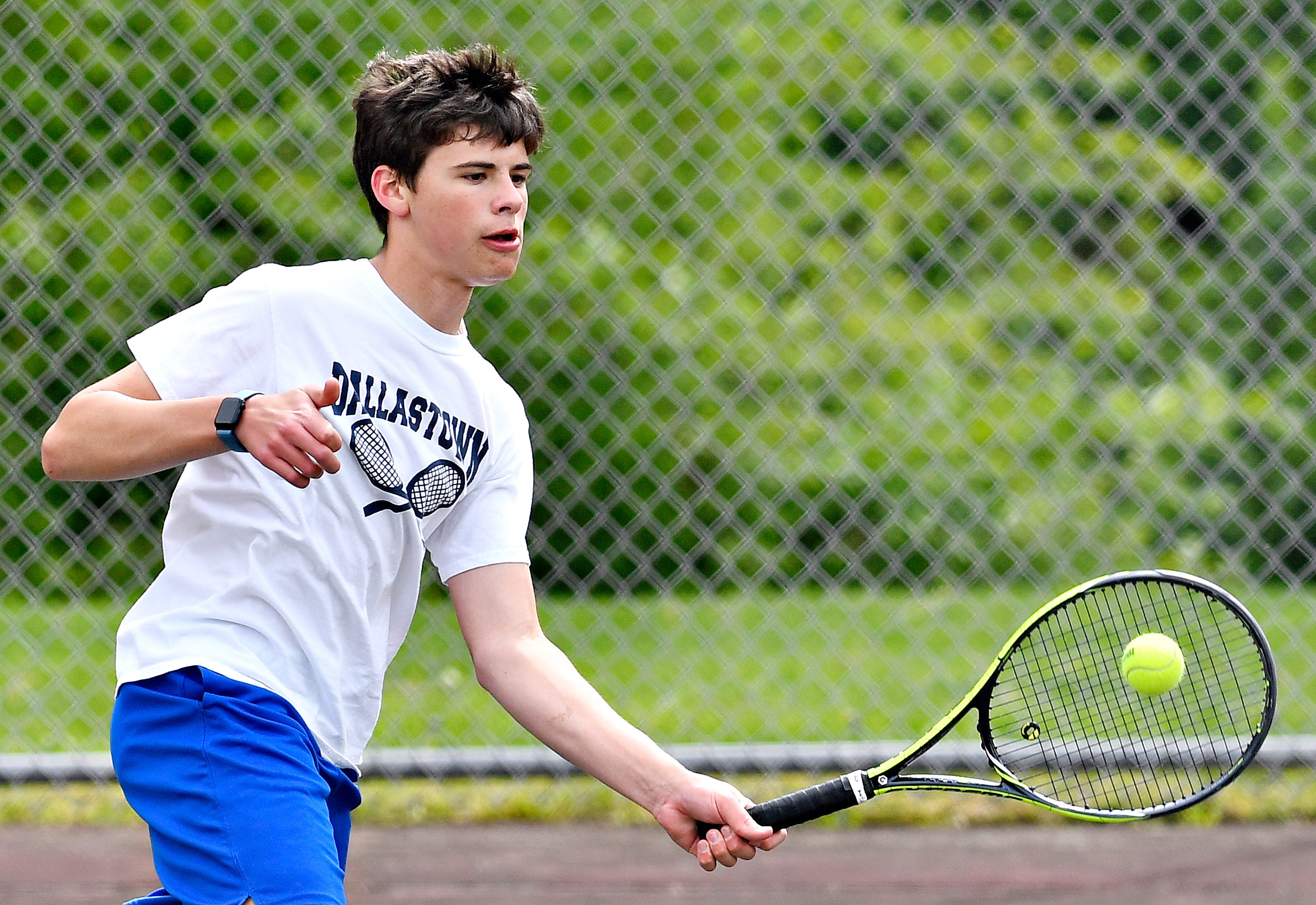 Dallastown’s Nathaniel Erickson during YAIAA boys’ 3A singles tennis tournament action at Red Lion Area Senior High School in Red Lion, Thursday, April 25, 2024. (Dawn J. Sagert/The York Dispatch)