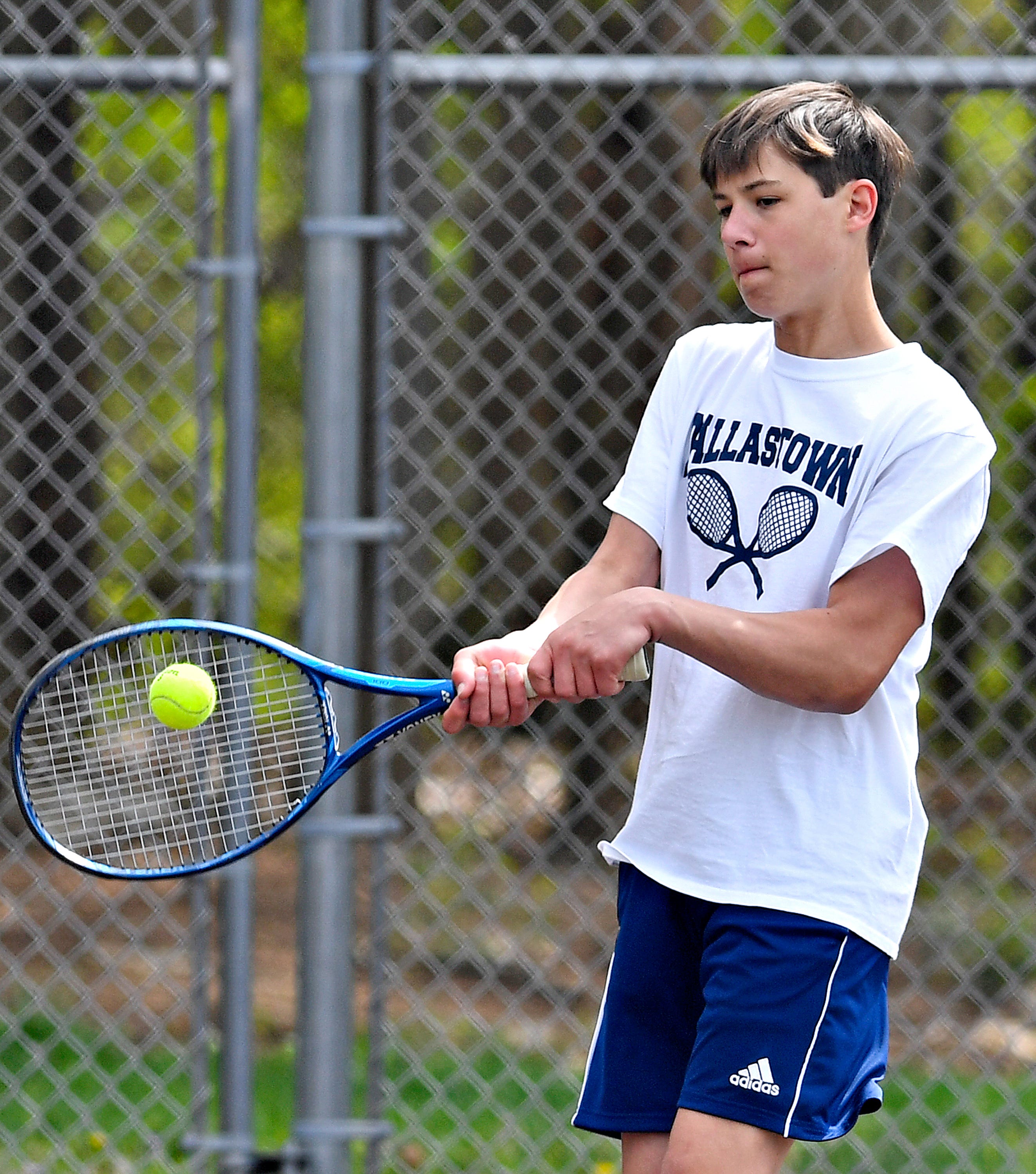 Dallastown’s Jacob Horn during YAIAA boys’ 3A singles tennis tournament action at Red Lion Area Senior High School in Red Lion, Thursday, April 25, 2024. (Dawn J. Sagert/The York Dispatch)