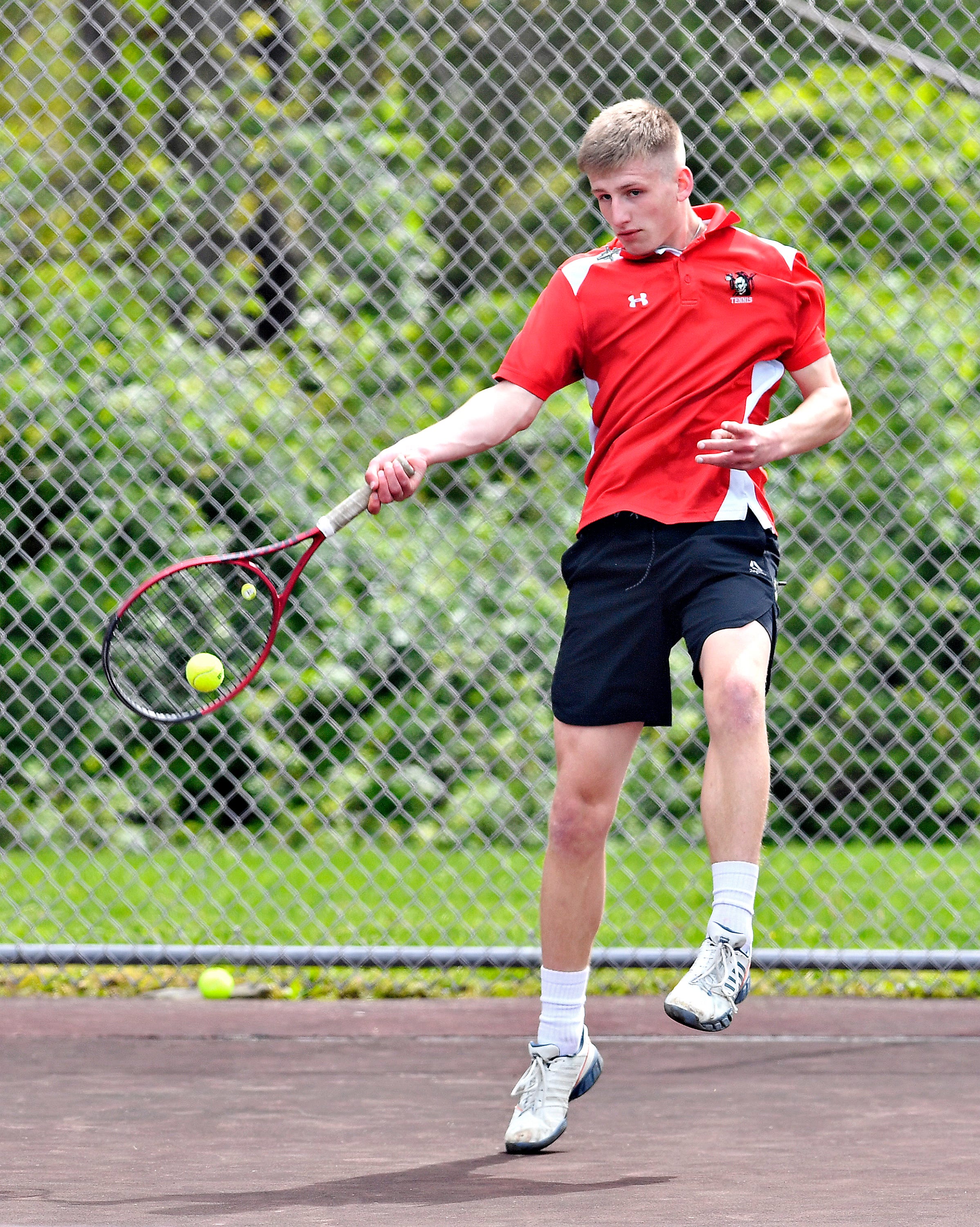 Susquehannock’s Dominic Dion during YAIAA boys’ 3A singles tennis tournament action at Red Lion Area Senior High School in Red Lion, Thursday, April 25, 2024. (Dawn J. Sagert/The York Dispatch)