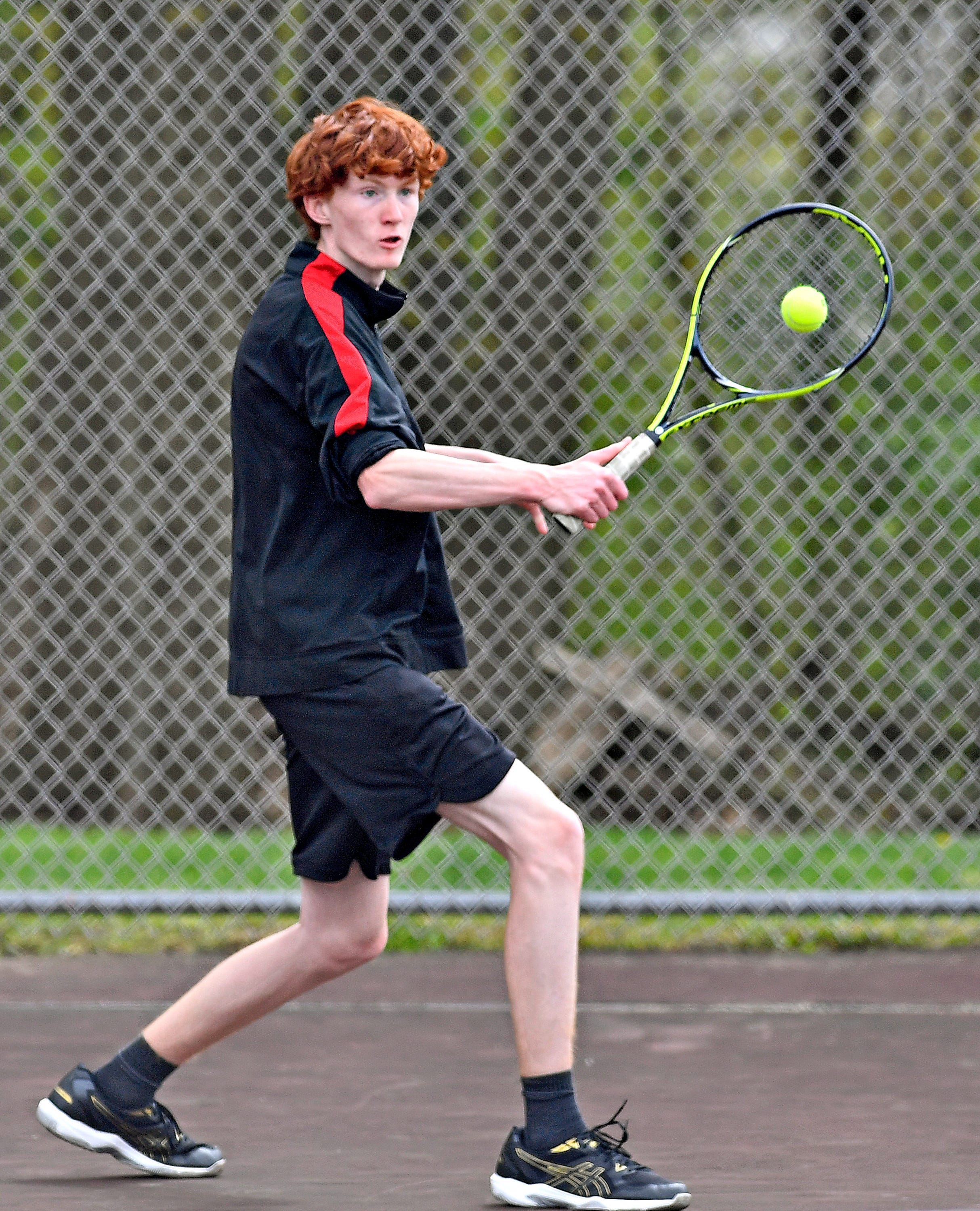 Susquehannock’s Jacob Iwanowicz during YAIAA boys’ 3A singles tennis tournament action at Red Lion Area Senior High School in Red Lion, Thursday, April 25, 2024. (Dawn J. Sagert/The York Dispatch)