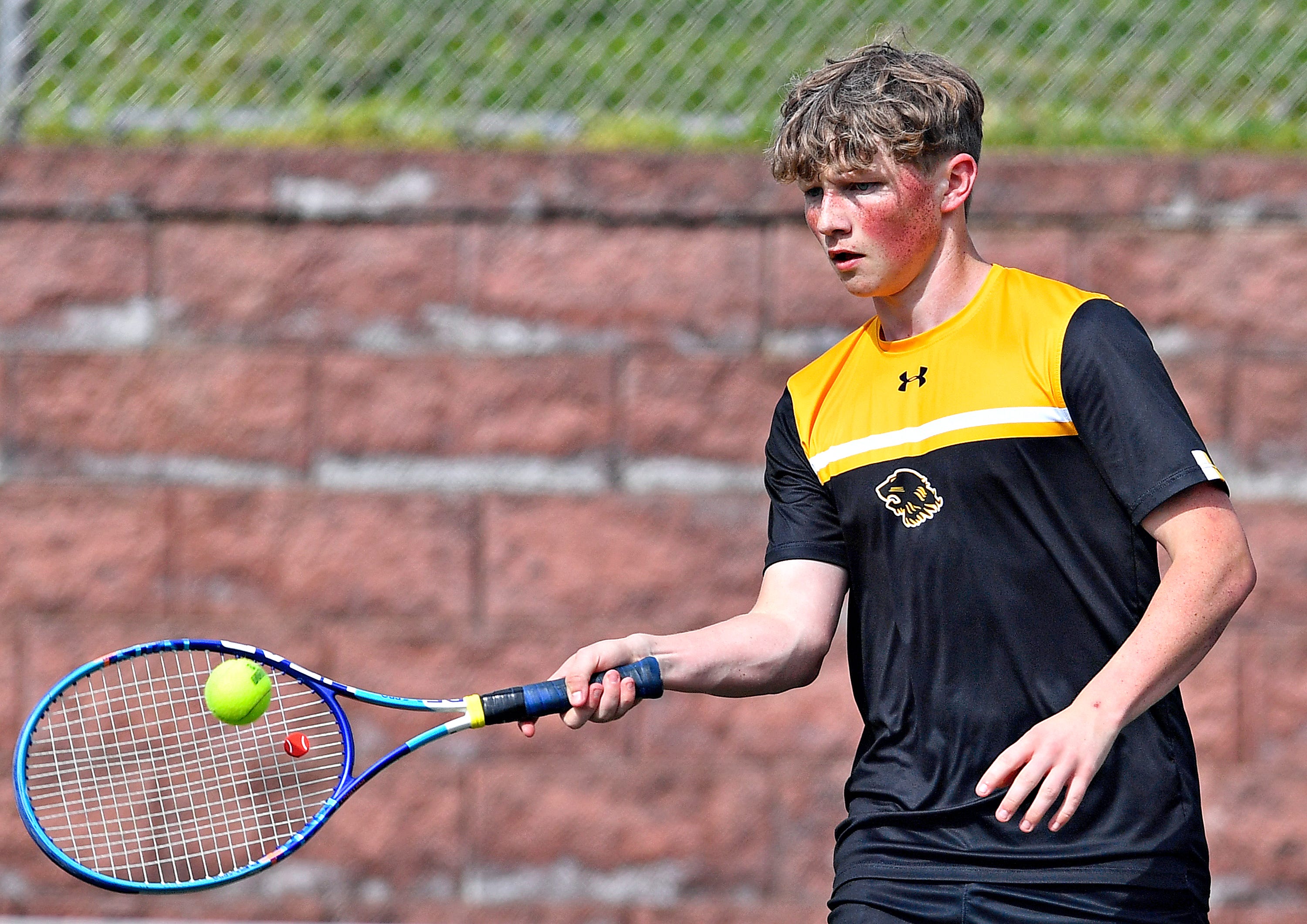 Red Lion’s Keenan Lynch during YAIAA boys’ 3A singles tennis tournament action at Red Lion Area Senior High School in Red Lion, Thursday, April 25, 2024. (Dawn J. Sagert/The York Dispatch)