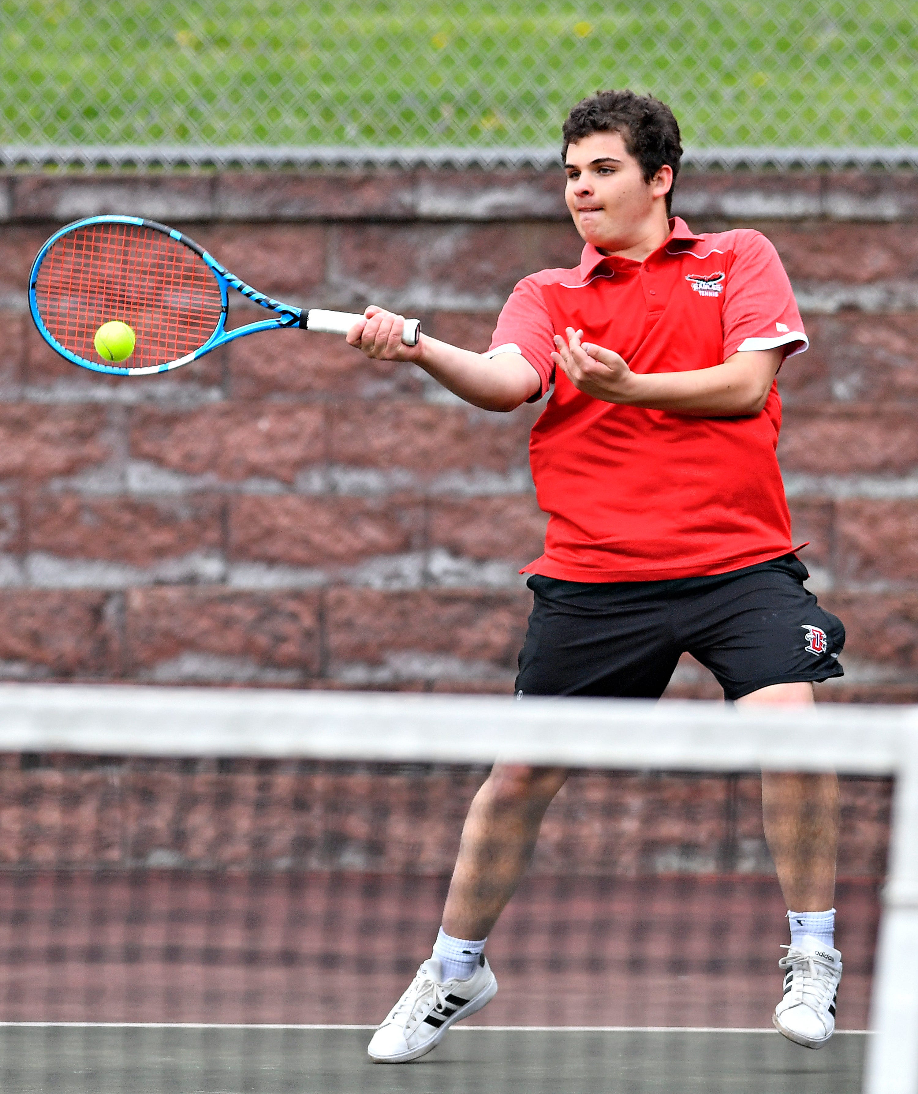 Dover’s Mark Joy during YAIAA boys’ 3A singles tennis tournament action at Red Lion Area Senior High School in Red Lion, Thursday, April 25, 2024. (Dawn J. Sagert/The York Dispatch)