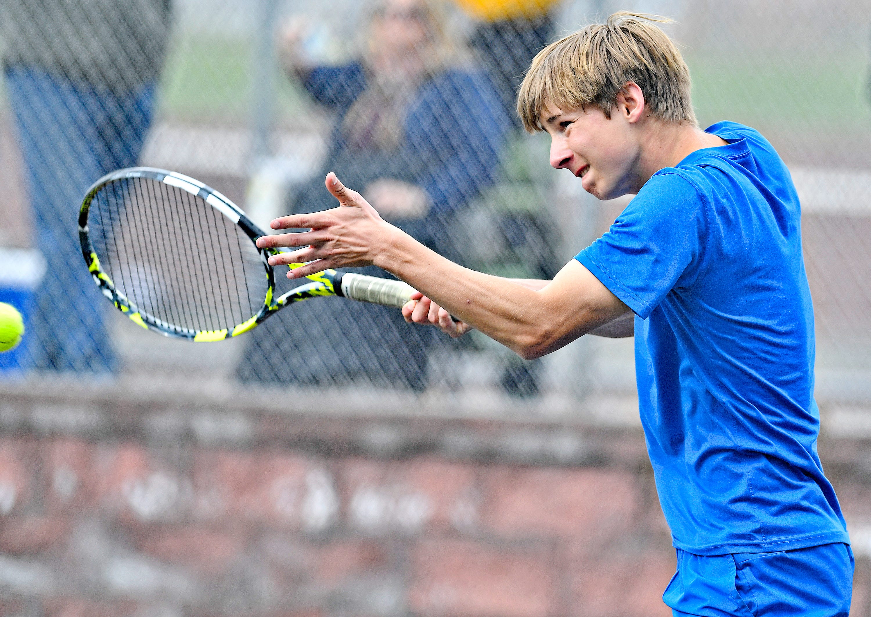 Spring Grove’s Sam Raub during YAIAA boys’ 3A singles tennis tournament action at Red Lion Area Senior High School in Red Lion, Thursday, April 25, 2024. (Dawn J. Sagert/The York Dispatch)