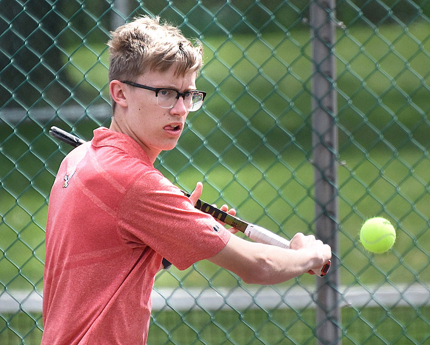 Bermudian Springs' Parker Sanders during Day 1 of the York-Adams League boys' tennis Class 2A singles tournament Thursday, April 25, 2024, at South Western High School in Hanover.