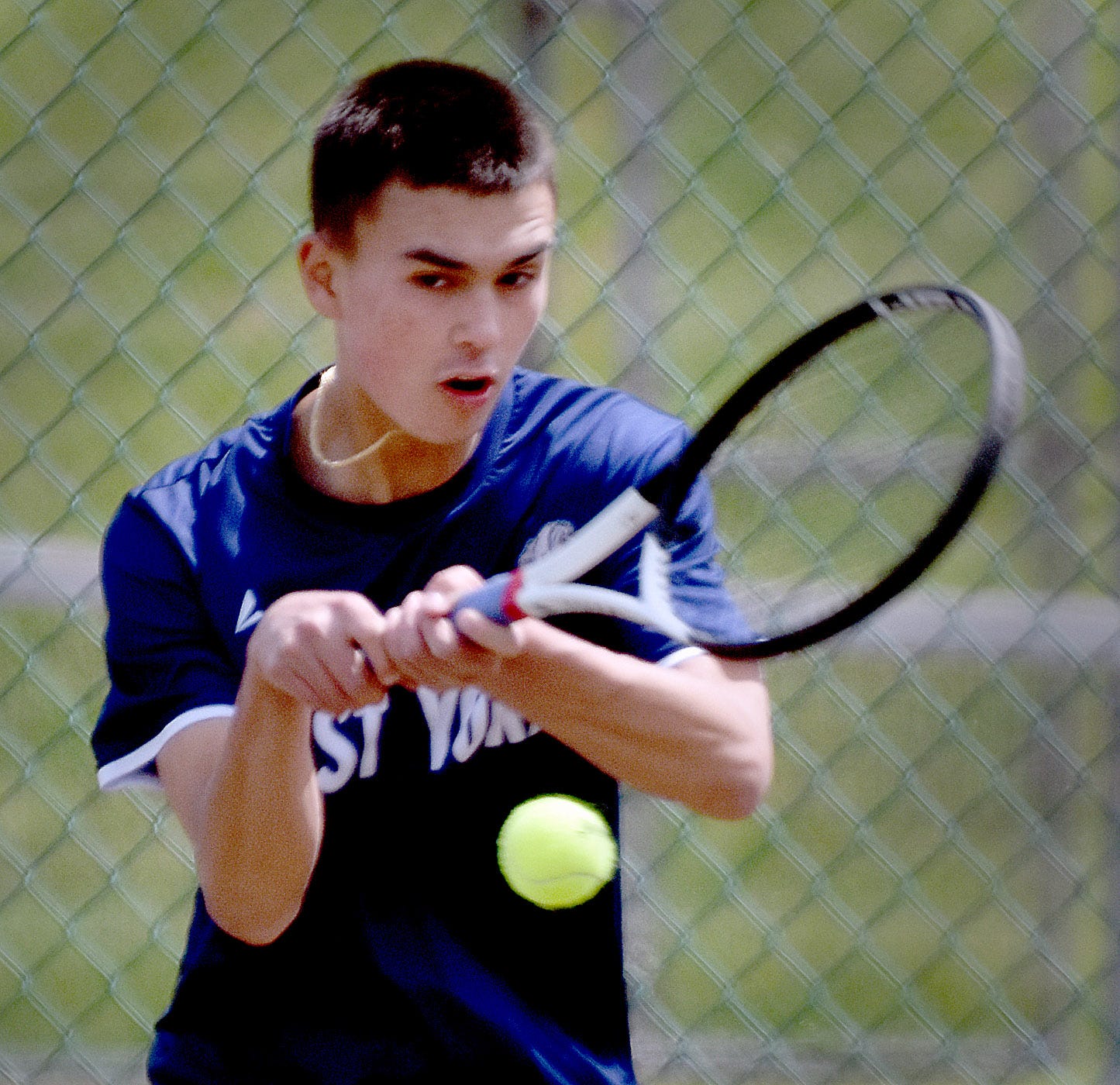 West York's Ryan Steele during Day 1 of the York-Adams League boys' tennis Class 2A singles tournament Thursday, April 25, 2024, at South Western High School in Hanover.