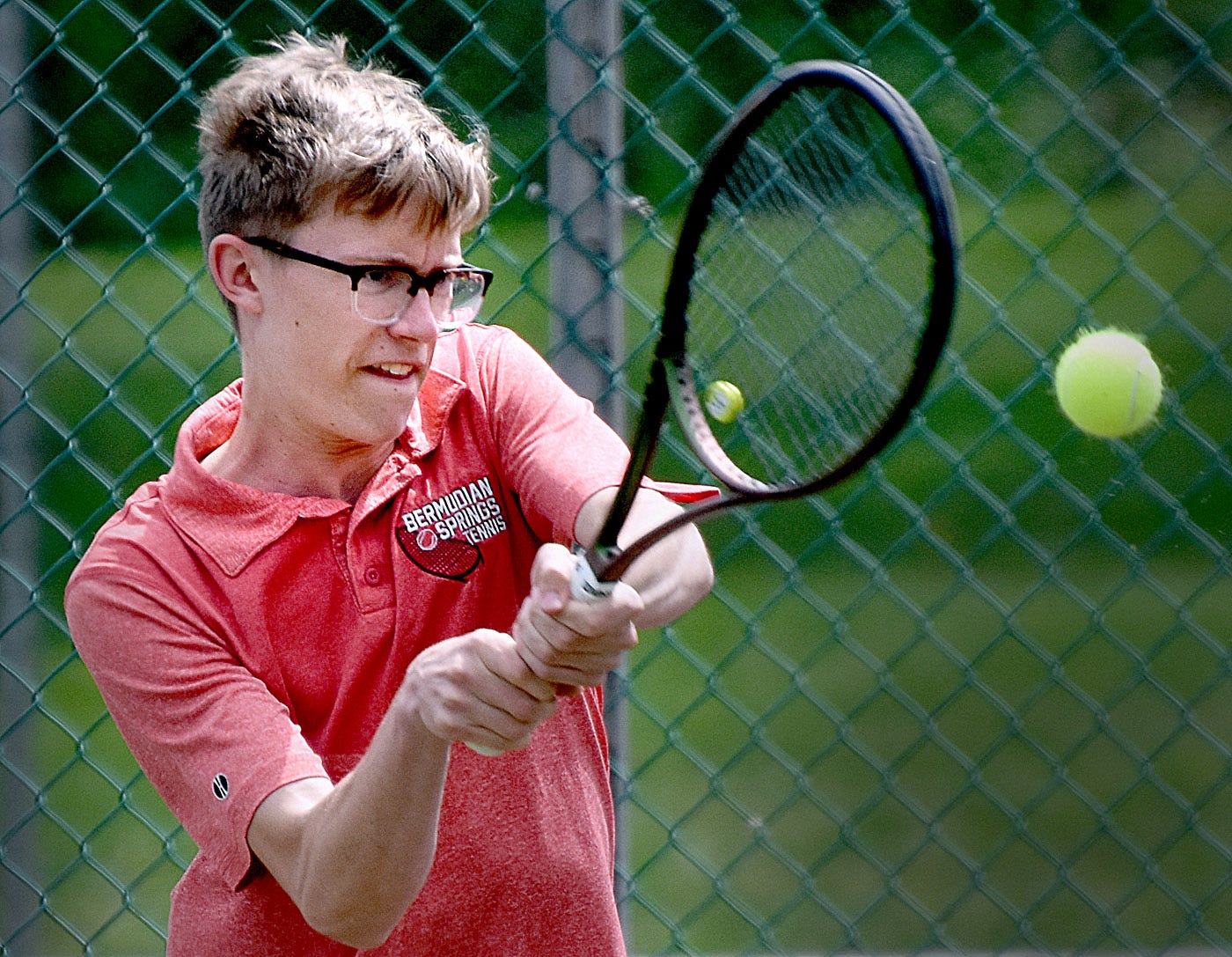 Bermudian Springs' Parker Sanders during Day 1 of the York-Adams League boys' tennis Class 2A singles tournament Thursday, April 25, 2024, at South Western High School in Hanover.