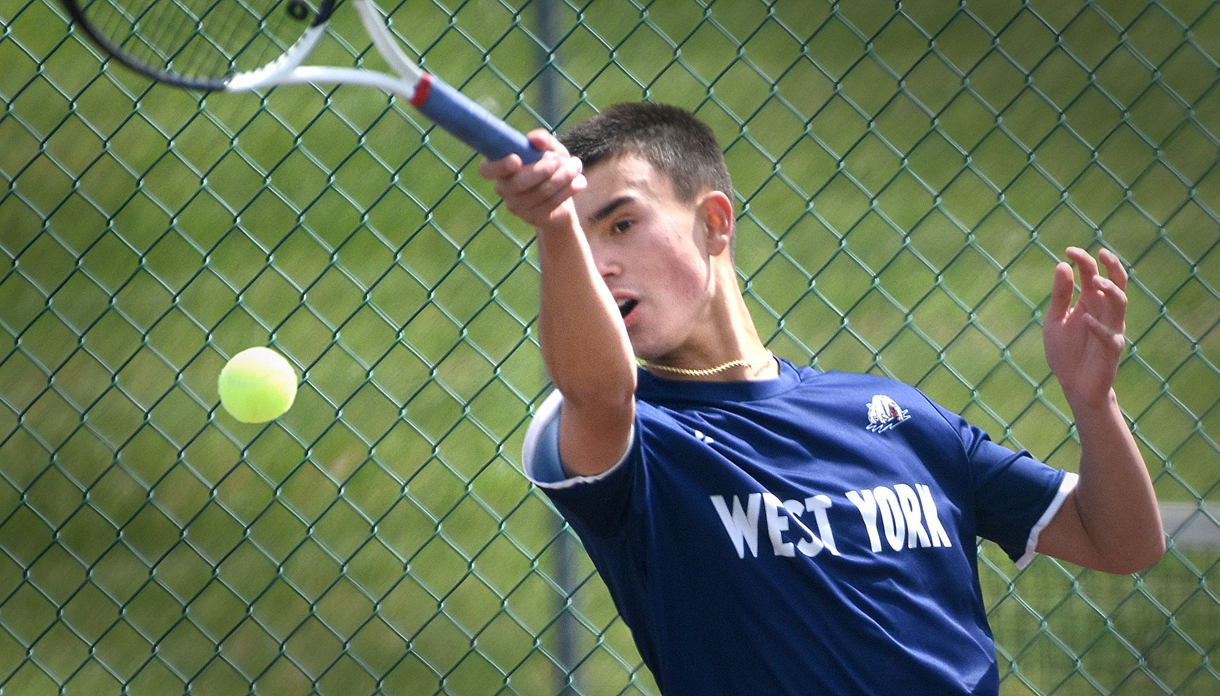 West York's Ryan Steele during Day 1 of the York-Adams League boys' tennis Class 2A singles tournament Thursday, April 25, 2024, at South Western High School in Hanover.