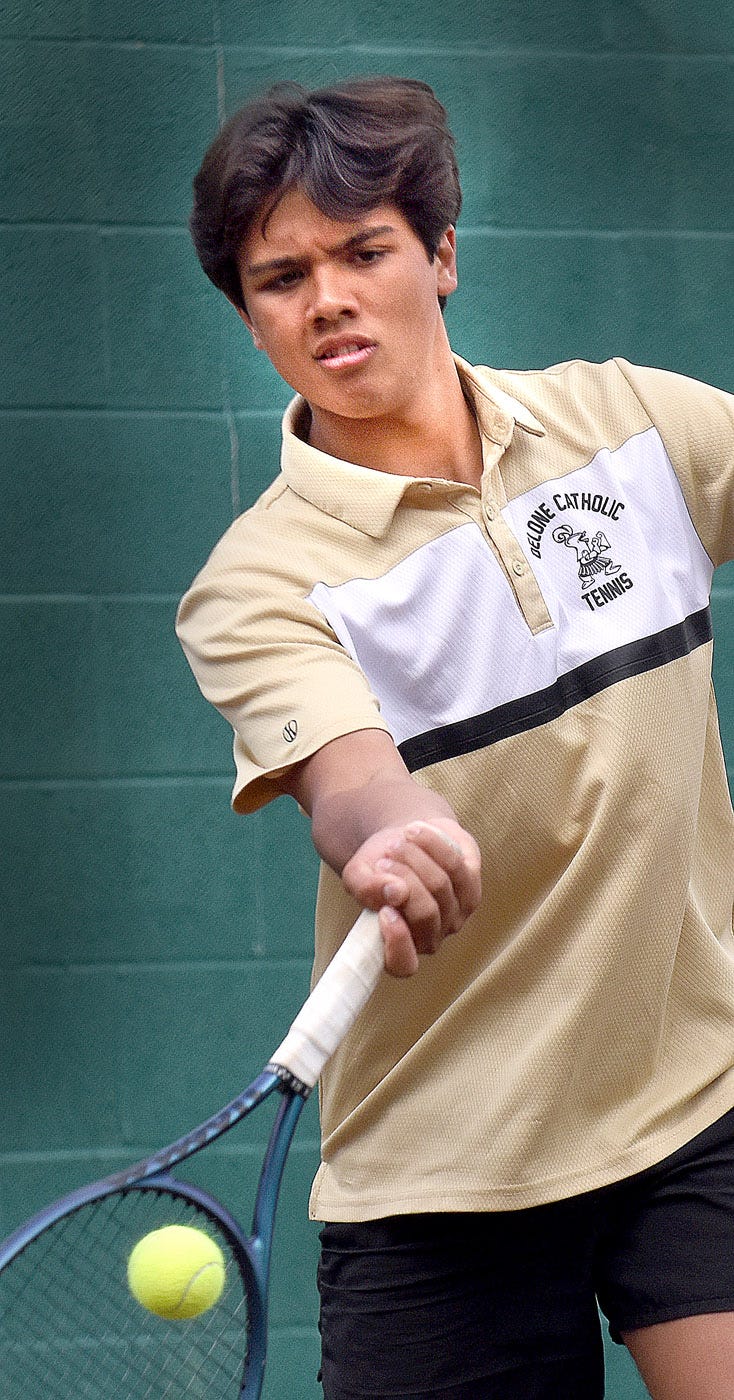 Delone Catholic's Collin Kuhn during Day 1 of the York-Adams League boys' tennis Class 2A singles tournament Thursday, April 25, 2024, at South Western High School in Hanover.