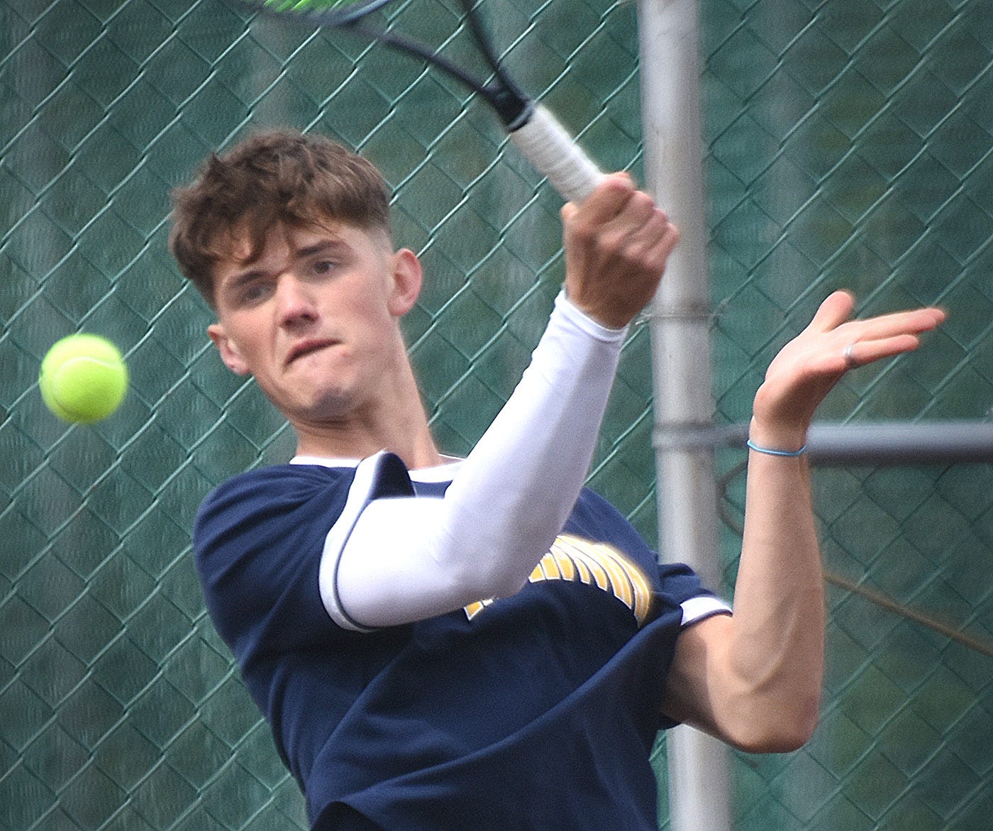 Littlestown's Cyrus Marshall during Day 1 of the York-Adams League boys' tennis Class 2A singles tournament Thursday, April 25, 2024, at South Western High School in Hanover.