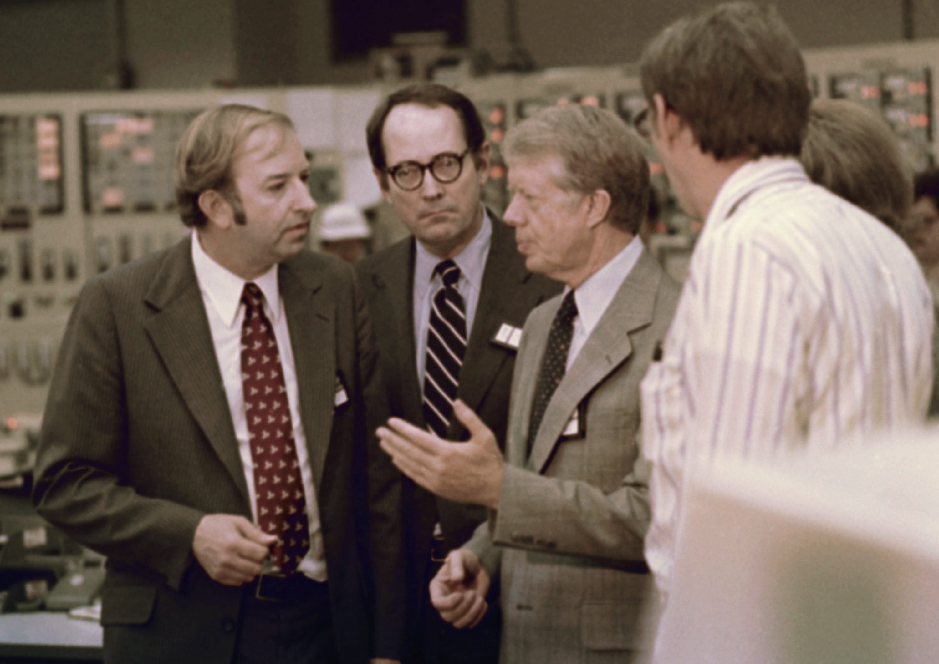 U.S. President Jimmy Carter shown  April 1, 1979 in control room of nuclear plant, of the Three Mile Island nuclear plant in Middletown, Pa. Standing with Carter from left: Harold Denton, Director of the U.S. Nuclear Agency; PA. Gov. Dick Thornburgh; an unidentified control room employee. (AP Photo)