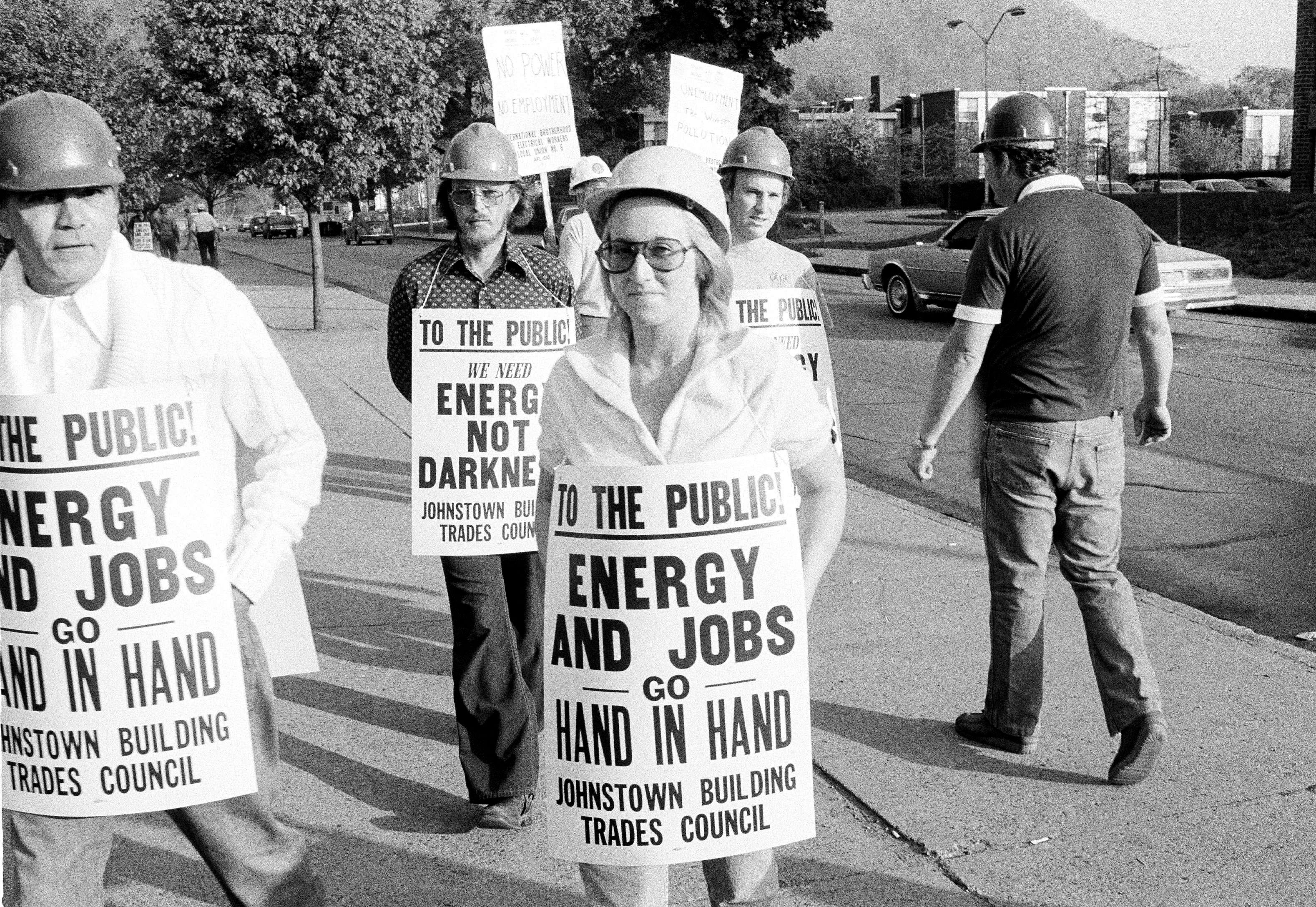 Members of the International Brotherhood of Electrical Workers march in support of nuclear power plants outside the Johnstown War Memorial Arena, May 9, 1979. The annual stockholders' meeting of the General Public Utilities (GPU) is to be held in Johnstown on Wednesday. GPU is the parent company for Metropolitan Edison, the owners of the nuclear plant at Three Mile Island near Harrisburg, Penn. (AP Photo)