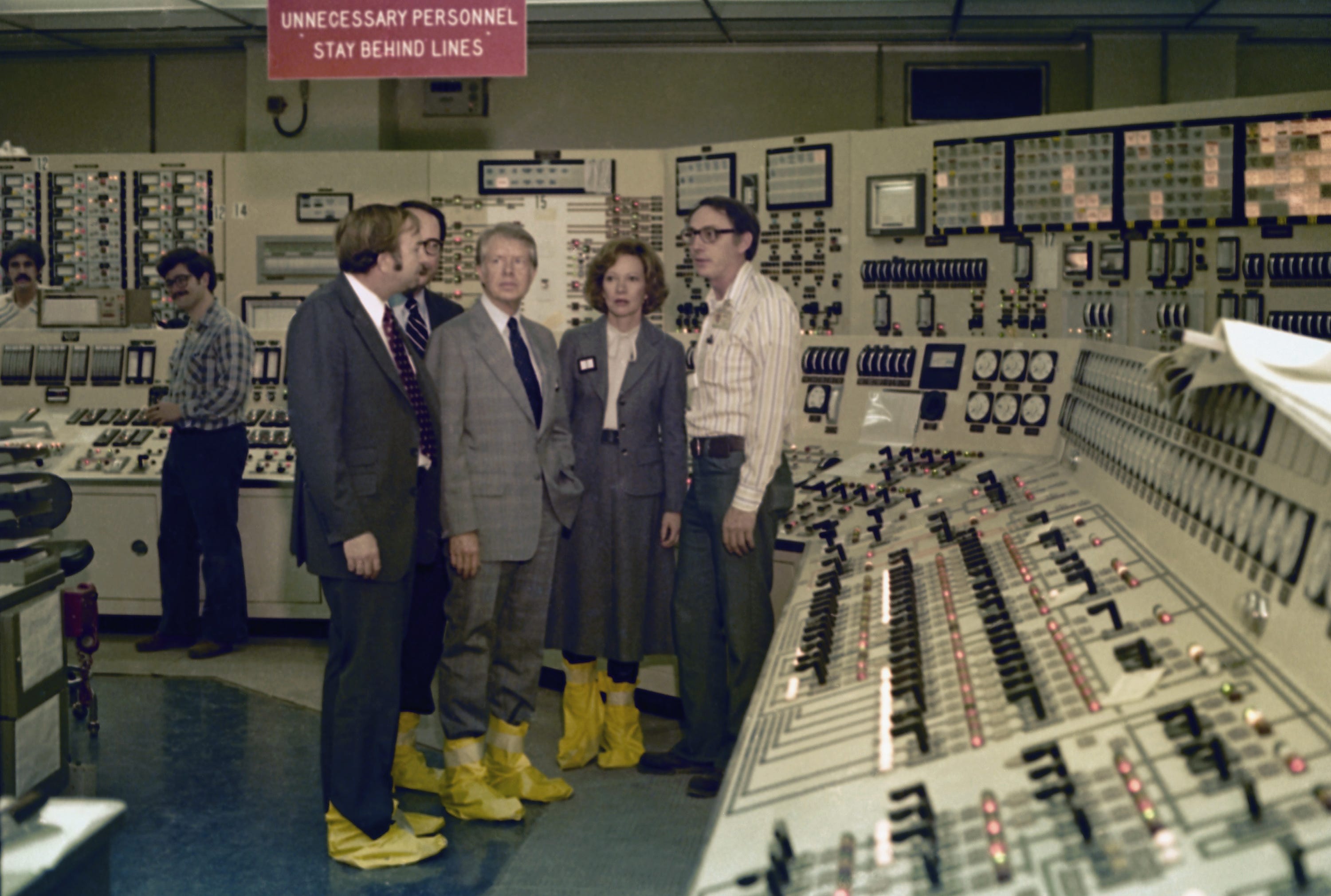 U.S. President Jimmy Carter shown  April 1, 1979 in the control room of the Three Mile Island nuclear power plant in Middletown, Pa. Standing with Carter from left: Harold Denton, director of the U.S. Nuclear Agency; PA. Gov. Dick Thornburgh; Rosalyn Carter; and an unidentified control room employee. (AP Photo)