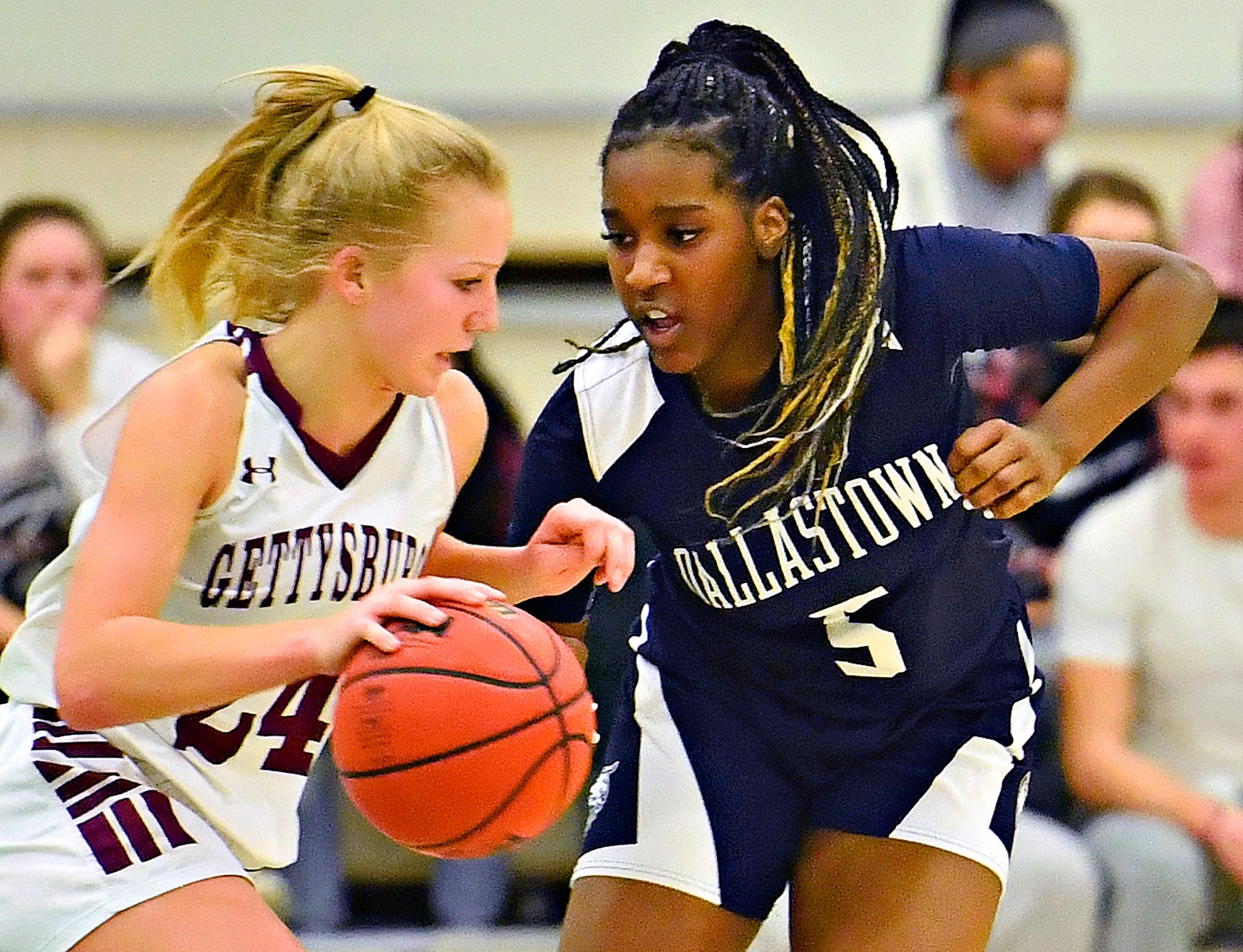 Dallastown vs Gettysburg during YAIAA girls' basketball championship action at Grumbacher Sport and Fitness Center at York College of Pennsylvania in Spring Garden Township, Friday, Feb. 14, 2020. Dallastown would win the game 42-38. Dawn J. Sagert photo