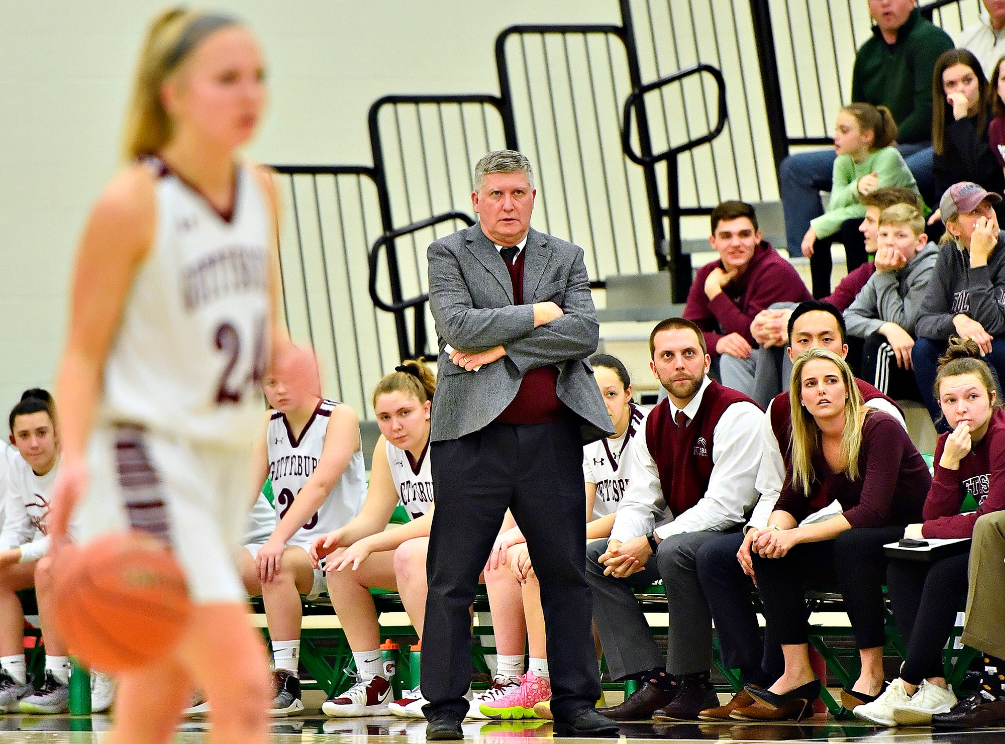 Gettysburg's Head Coach Jeff Bair during YAIAA girls' basketball championship action against Dallastown at Grumbacher Sport and Fitness Center at York College of Pennsylvania in Spring Garden Township, Friday, Feb. 14, 2020. Dallastown would win the game 42-38. Dawn J. Sagert photo