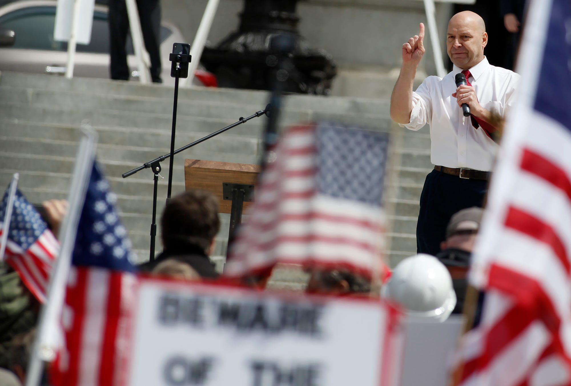 Sen. Doug Mastriano, R-Adams, speaks to thousands that attend a rally to reopen Pennsylvania in front of the Capitol Building in Harrisburg, Monday, April 20,2020.
John A. Pavoncello photo