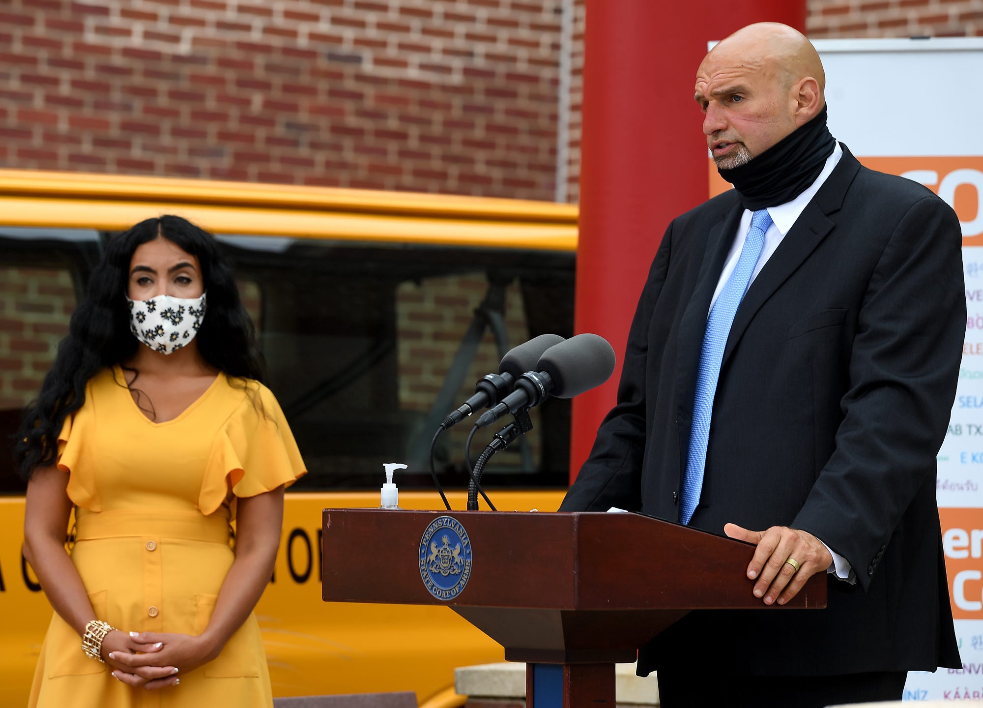 Lieutenant Governor John Fetterman, along with Second Lady Gisele Fetterman, left, visit the York County YMCA to announce the findings of the Wolf Administration’s COVID-19 Response Task Force for Health Disparity, Thursday, August 13, 2020.
John A. Pavoncello photo