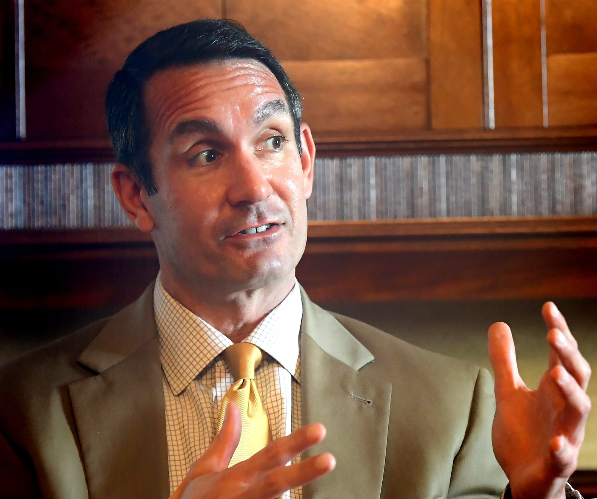 Pennsylvania Auditor General Eugene DePasquale speaks to media, Wednesday, Oct. 7, 2020, after he appeared at a Rotary Club of York program featuring the candidates for the 10th Congressional District at the Country Club of York. Congressman Scott Perry, his opponent, appeared in the program last month. Bill Kalina photo
