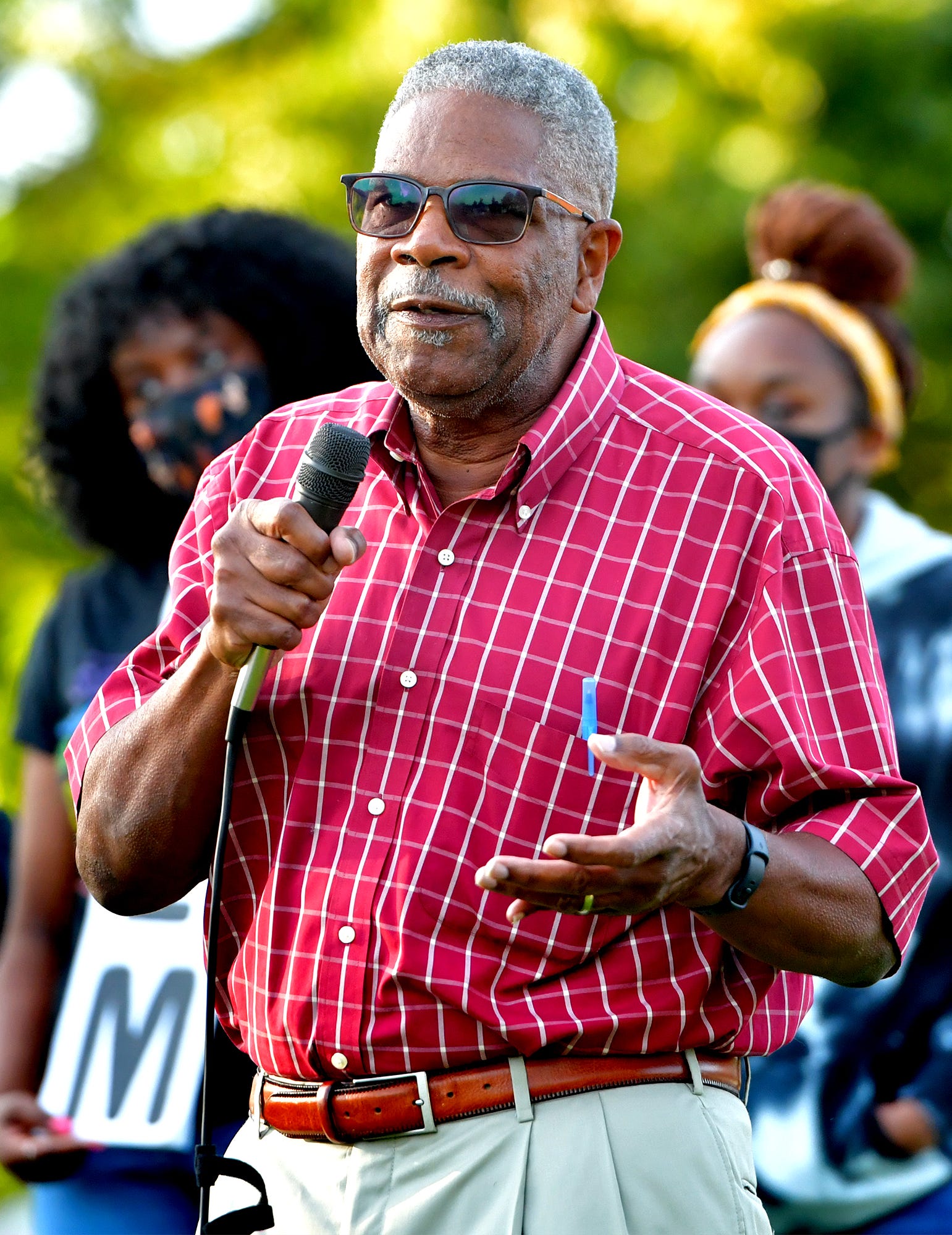 Former Central York School Board Director Daniel Elby speaks during a rally outside the Central York School District Administration offices before a school board meeting there Monday, Sept. 20, 2021. He was on school board in the district in the 1980s. The rally was in opposition to a banned resource list instituted by the district, which demonstrators say targets minority authors. District officials added formal discussion of the ban to Monday's agenda. Bill Kalina photo