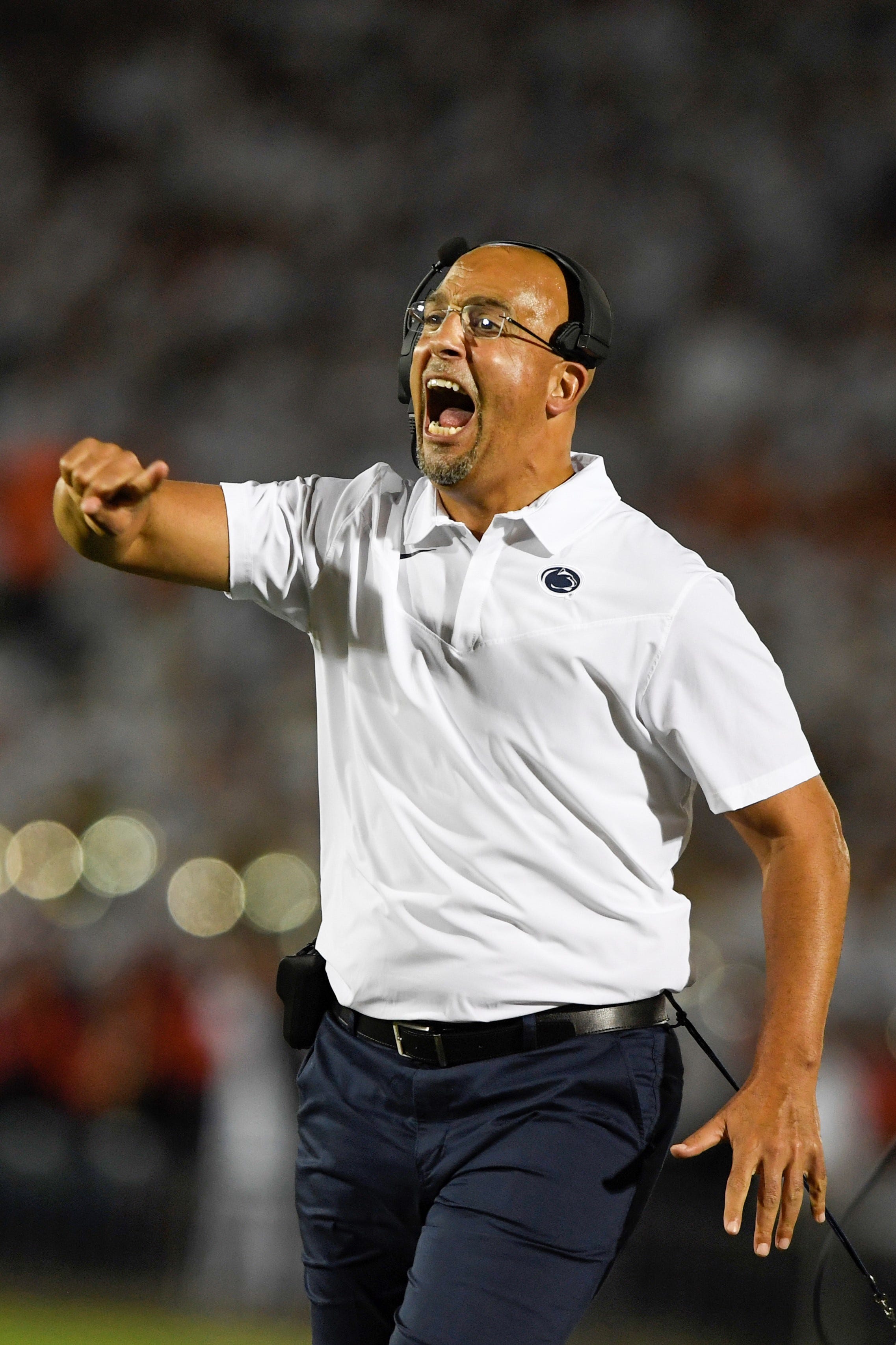 Penn State head coach James Franklin reacts during an NCAA college football game against Auburn in State College, Pa., on Saturday, Sept.18, 2021.Penn State defeated Auburn 28.20. (AP Photo/Barry Reeger)