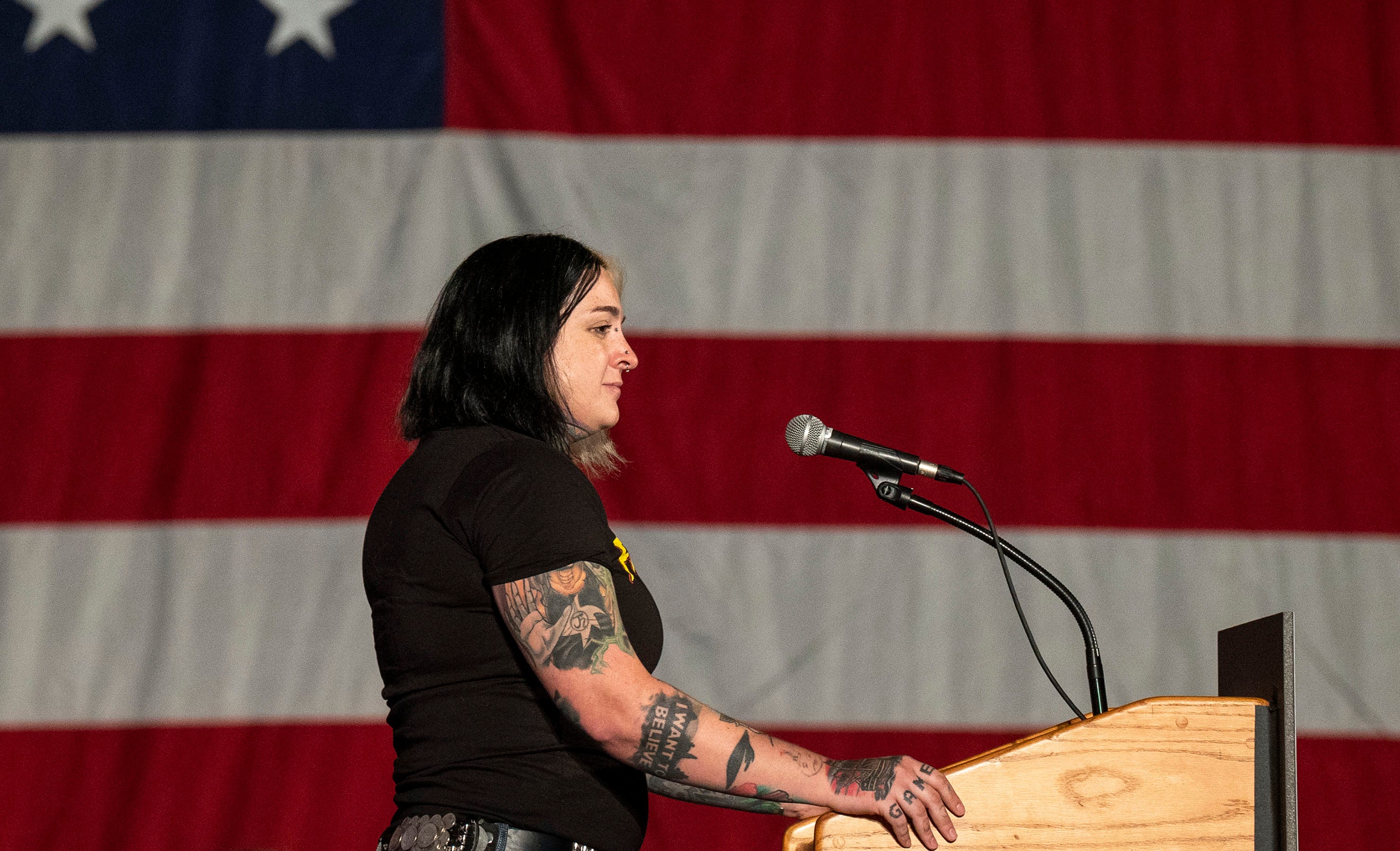 Amelia McMillan, a Central York School District parent, speaking at the rally for John Fetterman in York on Saturday, Oct. 8, 2022.