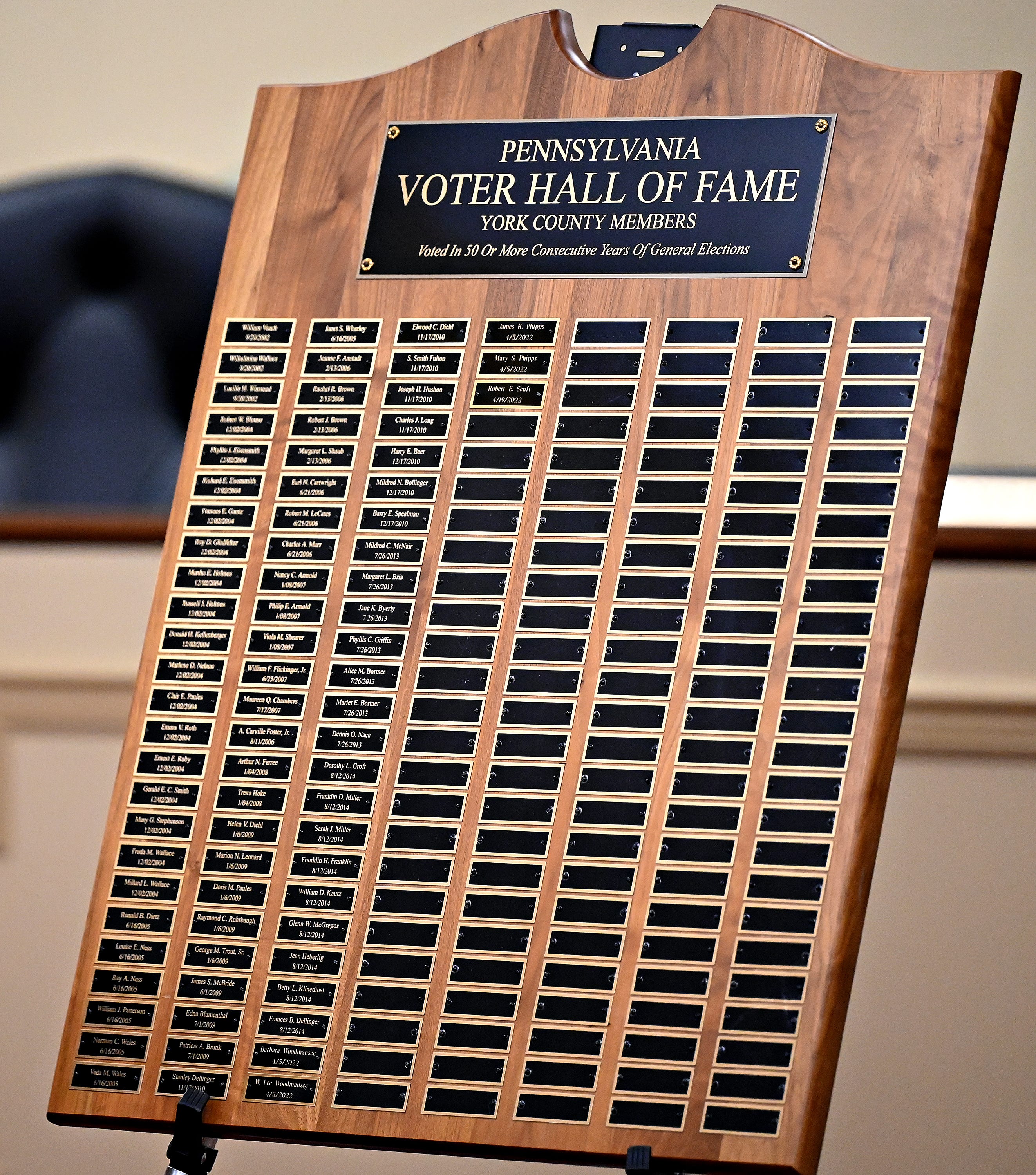The names of York County members of the Pennsylvania Voter Hall of Fame are displayed on a plaque at York County Administrative Center in York City, Monday, Oct. 17, 2022. Dawn J. Sagert/The York Dispatch