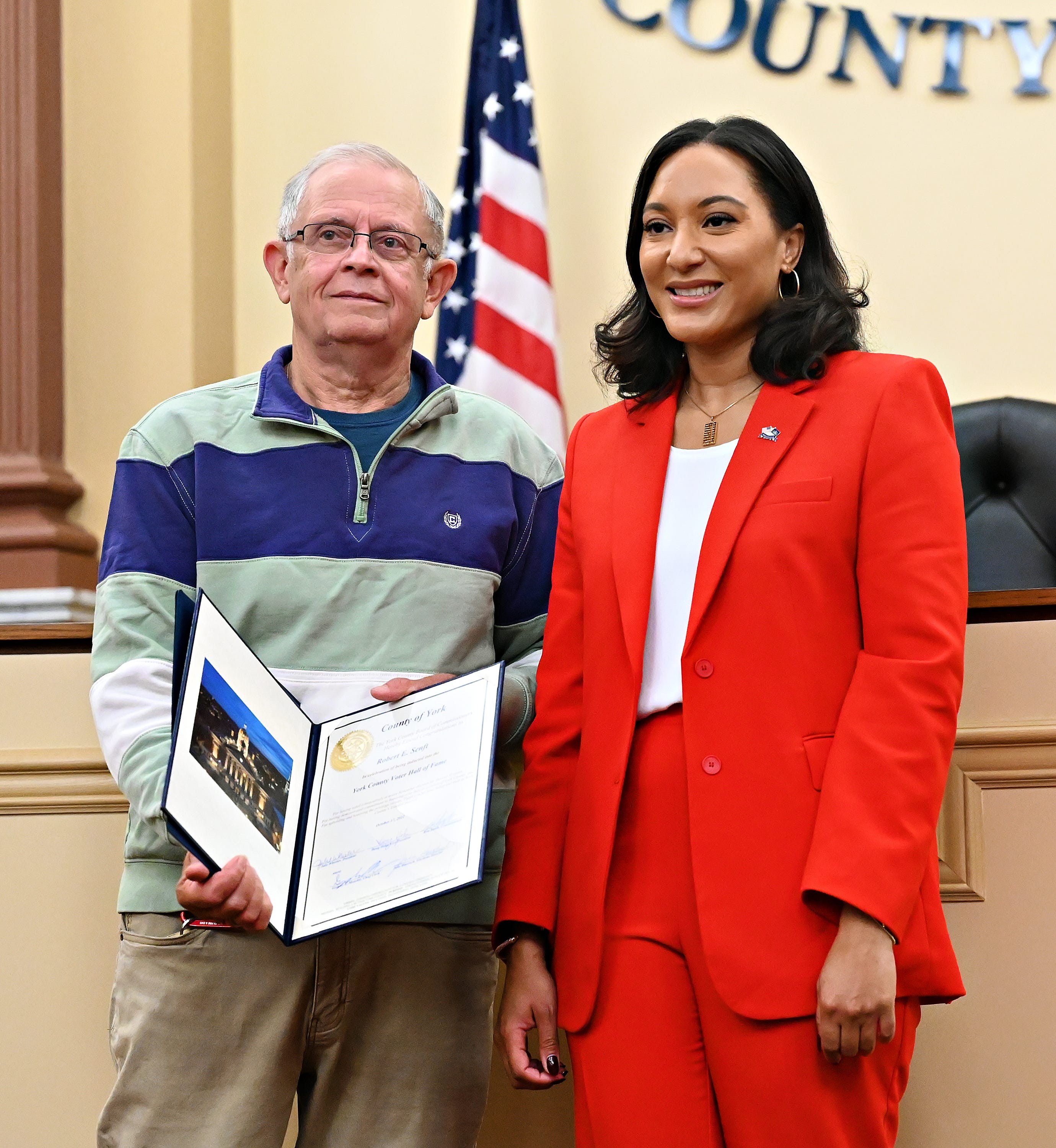 Robert Senft, left, of Spring Garden Township, is photographed with Acting Secretary of State Leigh Chapman following a ceremony held to induct five York County residents into the Pennsylvania Voter Hall of Fame at York County Administrative Center in York City, Monday, Oct. 17, 2022. Recipients have voted in at least 50 consecutive general elections. Dawn J. Sagert/The York Dispatch