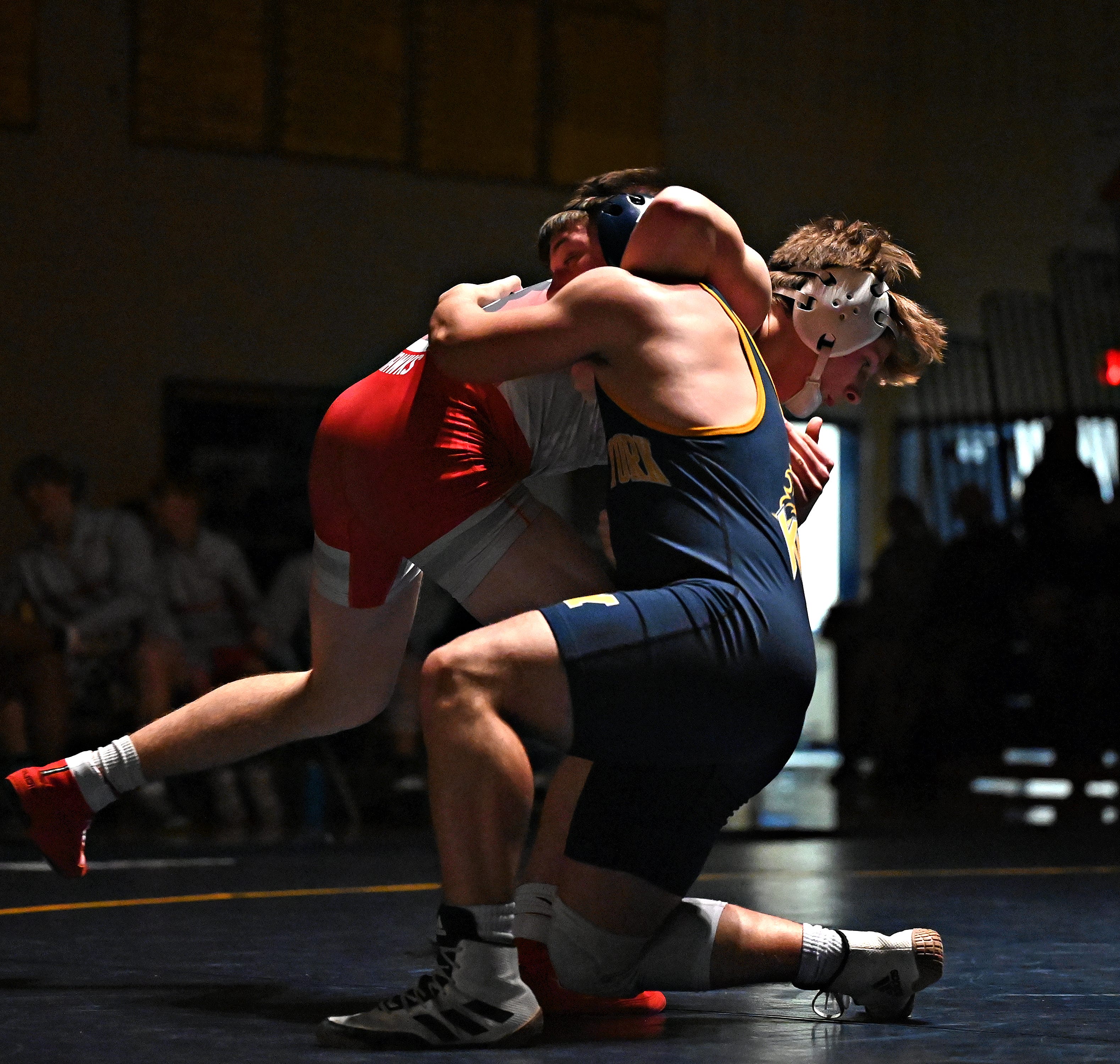 Eastern York’s Ethan Sgrignoli, front, and Hamburg’s Cohen Correll compete in the 172-pound weight class during PIAA District 3, Class 2-A first round wrestling action at Eastern York High School in Lower Windsor Township, Monday, Jan. 30, 2023. Correll would win the match and Eastern York would win the meet 50-22. Dawn J. Sagert photo