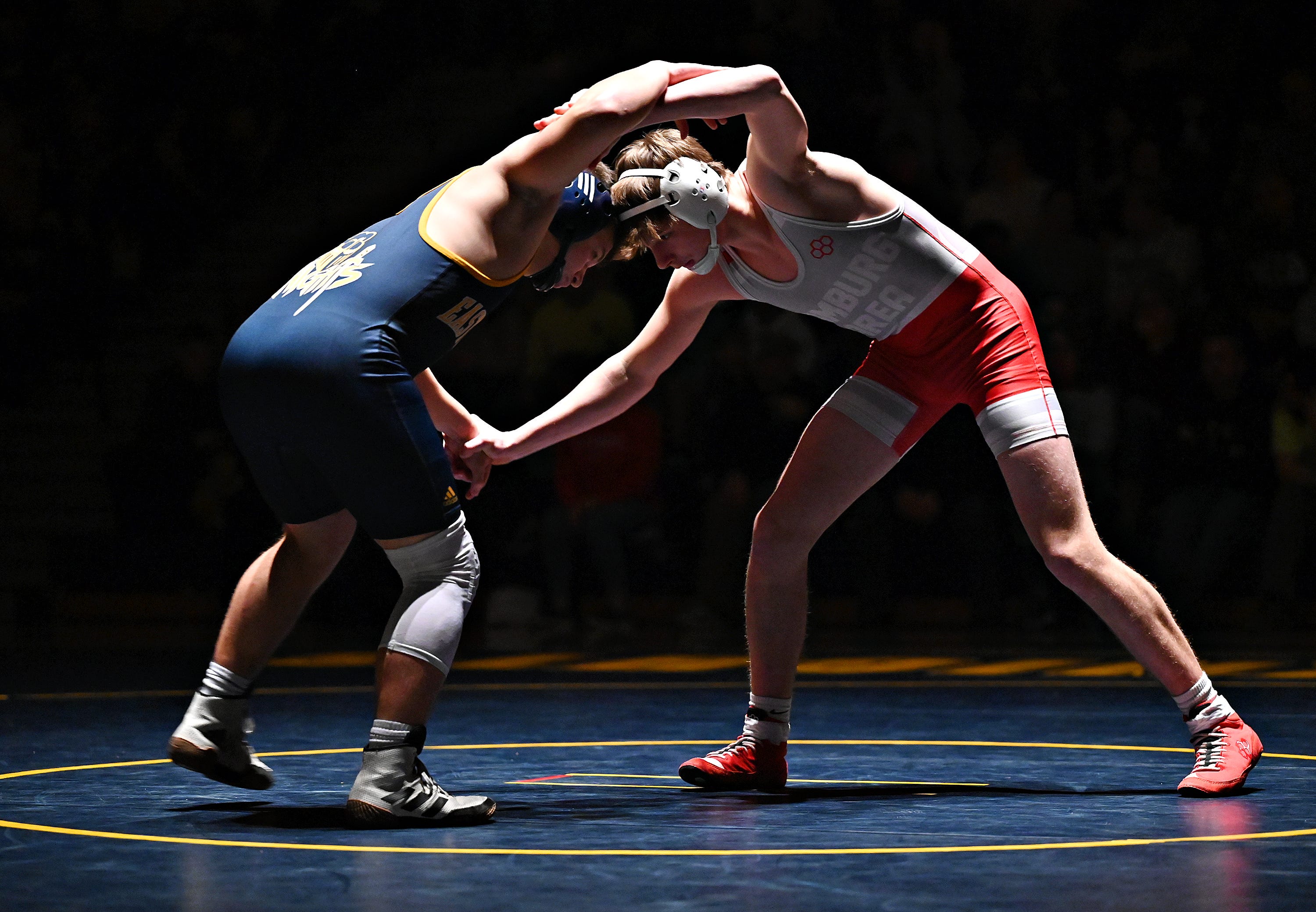 Eastern York’s Ethan Sgrignoli, left, and Hamburg’s Cohen Correll compete in the 172-pound weight class during PIAA District 3, Class 2-A first round wrestling action at Eastern York High School in Lower Windsor Township, Monday, Jan. 30, 2023. Correll would win the match and Eastern York would win the meet 50-22. Dawn J. Sagert photo