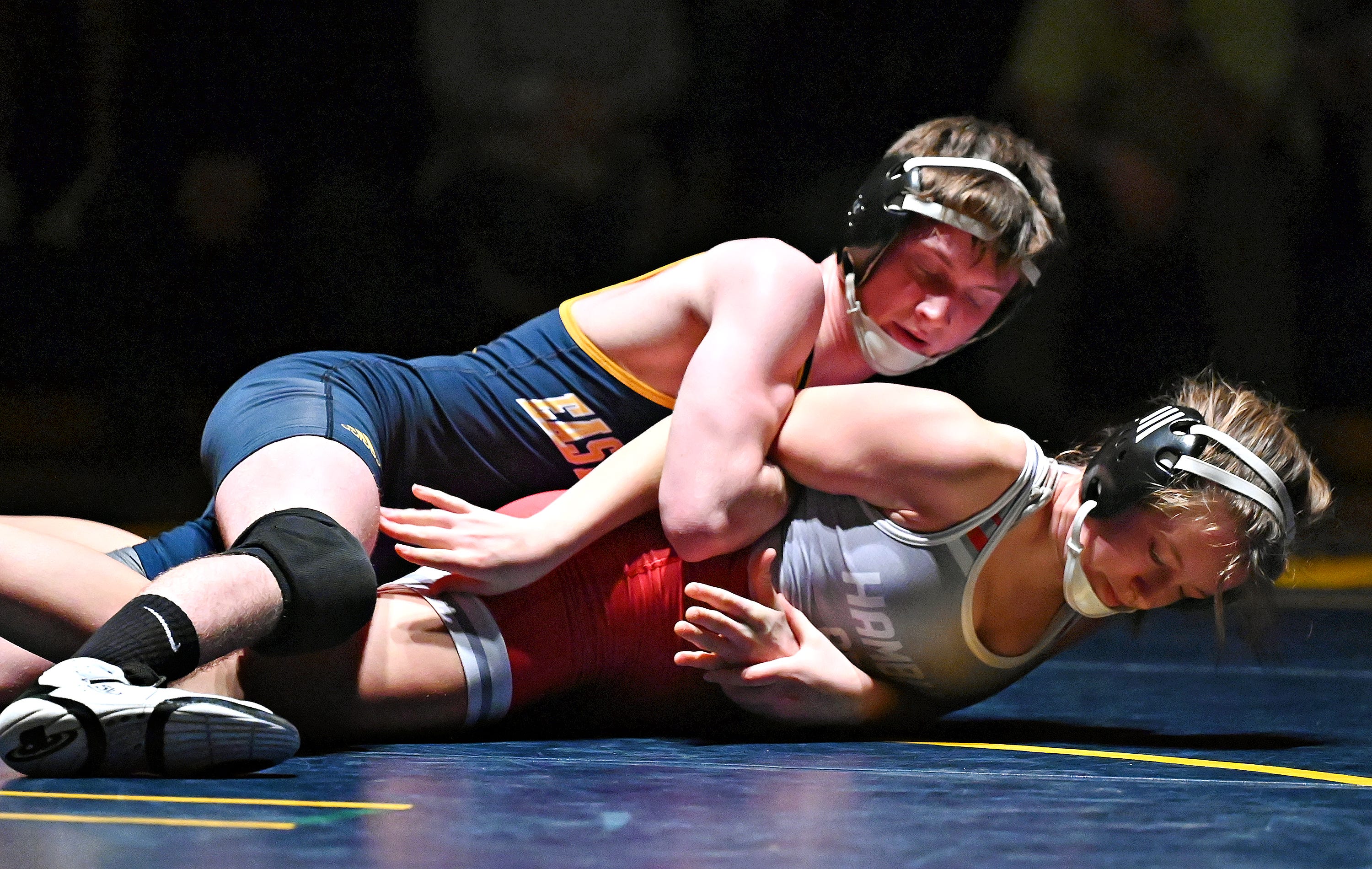 Eastern York’s George Leischner, back, and Hamburg’s Riley Petrie compete in the 127-pound weight class during PIAA District 3, Class 2-A first round wrestling action at Eastern York High School in Lower Windsor Township, Monday, Jan. 30, 2023. Leischner would win with a pin at 1:29 and Eastern York would win the meet 50-22. Dawn J. Sagert photo
