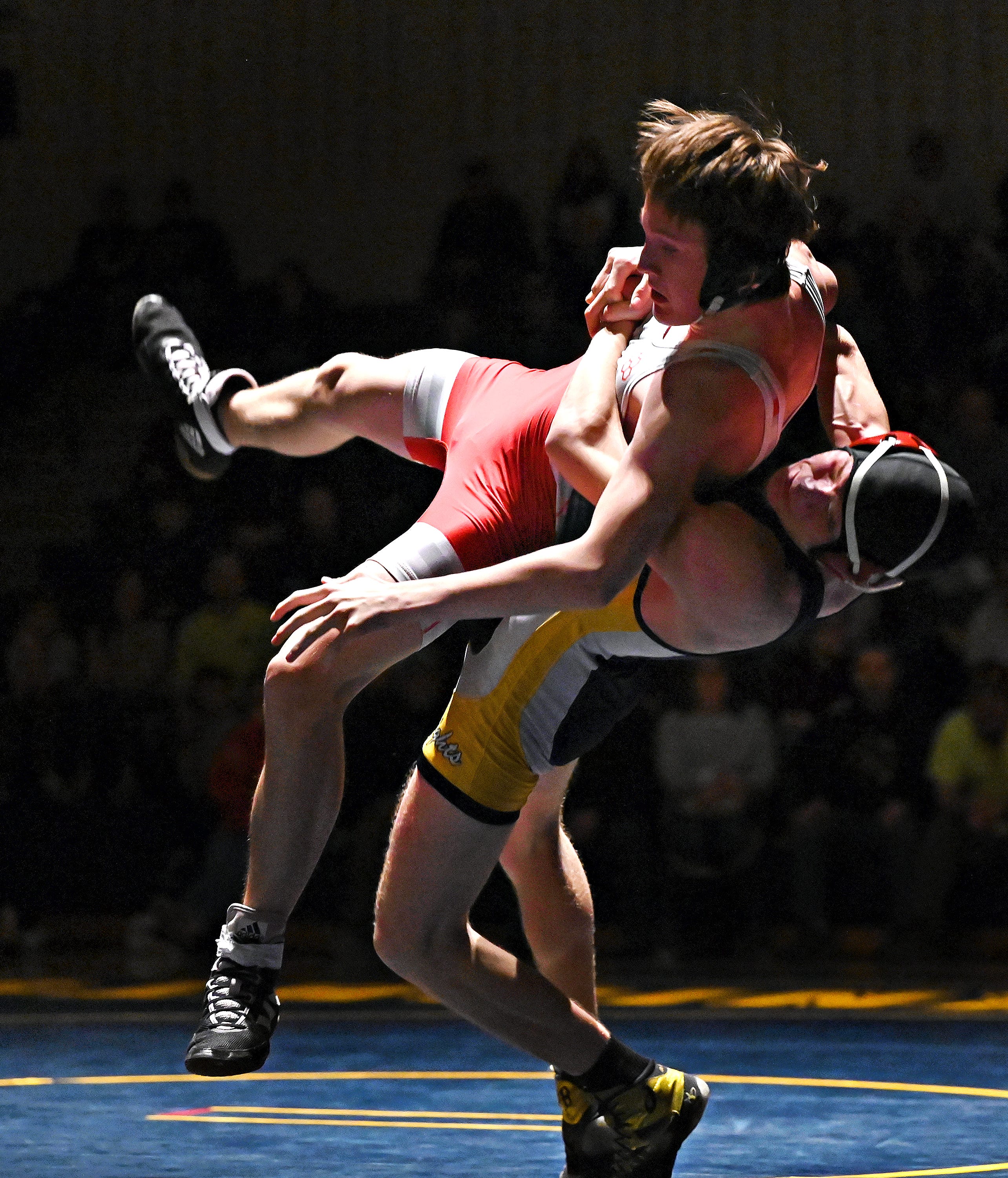 Eastern York’s Logan Crean, back, and Hamburg’s Owen Thebeau compete in the 145-pound weight class during PIAA District 3, Class 2-A first round wrestling action at Eastern York High School in Lower Windsor Township, Monday, Jan. 30, 2023. Crean would win the match with a pin at 0:48 and Eastern York would win the meet 50-22. Dawn J. Sagert photo