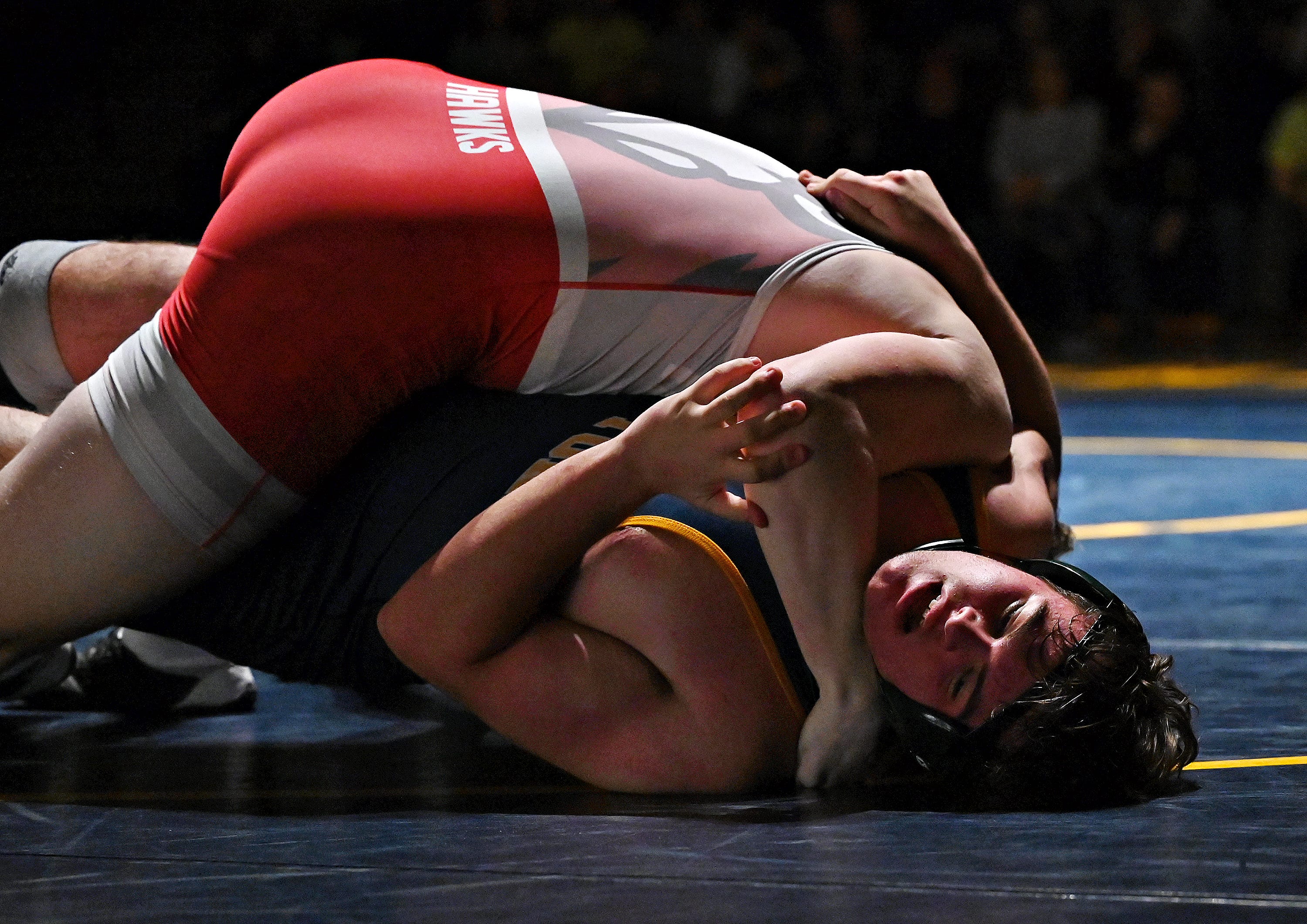 Eastern York’s Jack Murray, left, and Hamburg’s Mason Semmel compete in the 215-pound weight class during PIAA District 3, Class 2-A first round wrestling action at Eastern York High School in Lower Windsor Township, Monday, Jan. 30, 2023. Semmel would win the match and Eastern York would win the meet 50-22. Dawn J. Sagert photo