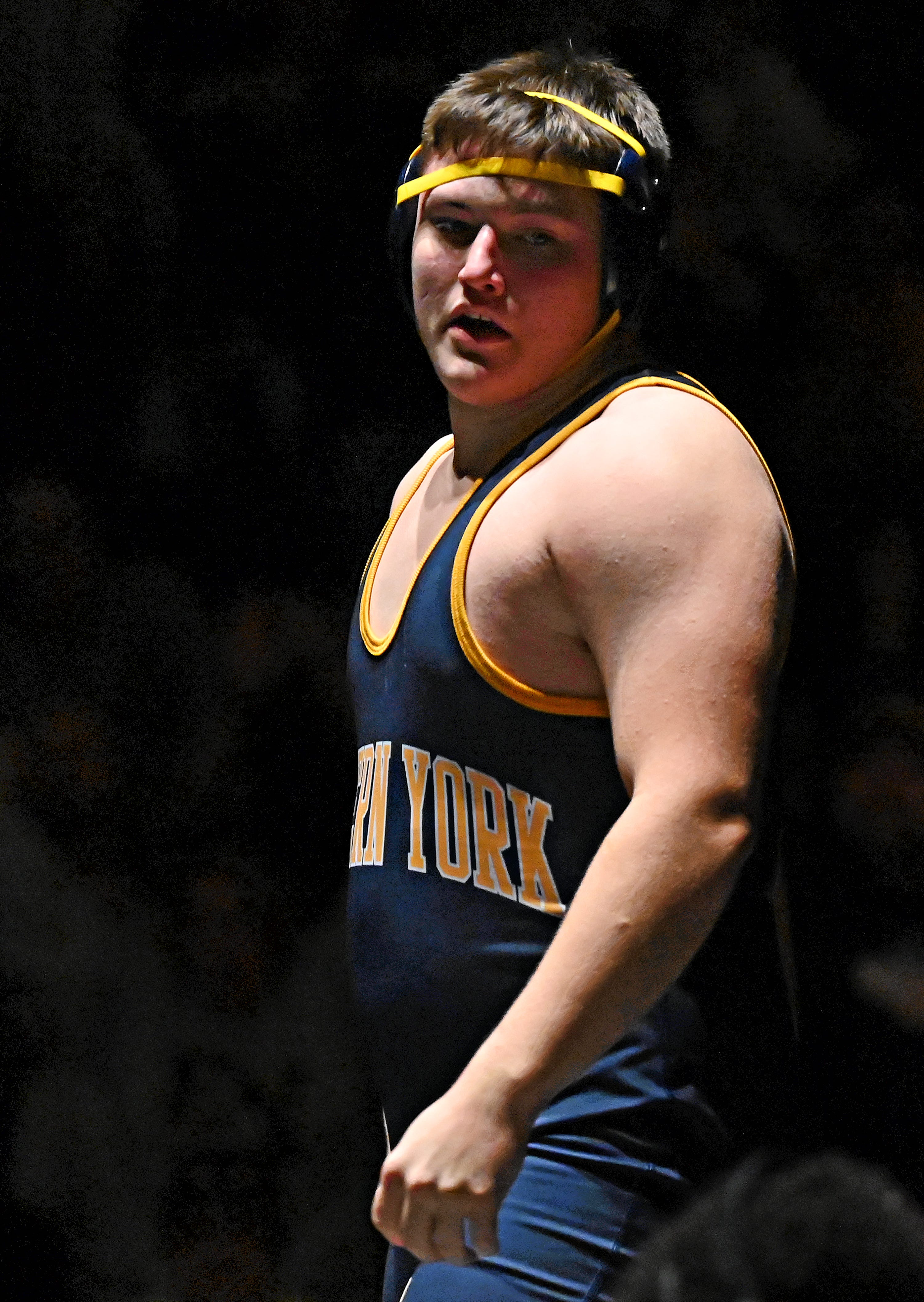 Eastern York’s Bryce Myers in the 285-pound weight class during PIAA District 3, Class 2-A first round wrestling action at Eastern York High School in Lower Windsor Township, Monday, Jan. 30, 2023. Myers would win with a pin at 0:35 and Eastern York would win the meet 50-22. Dawn J. Sagert photo